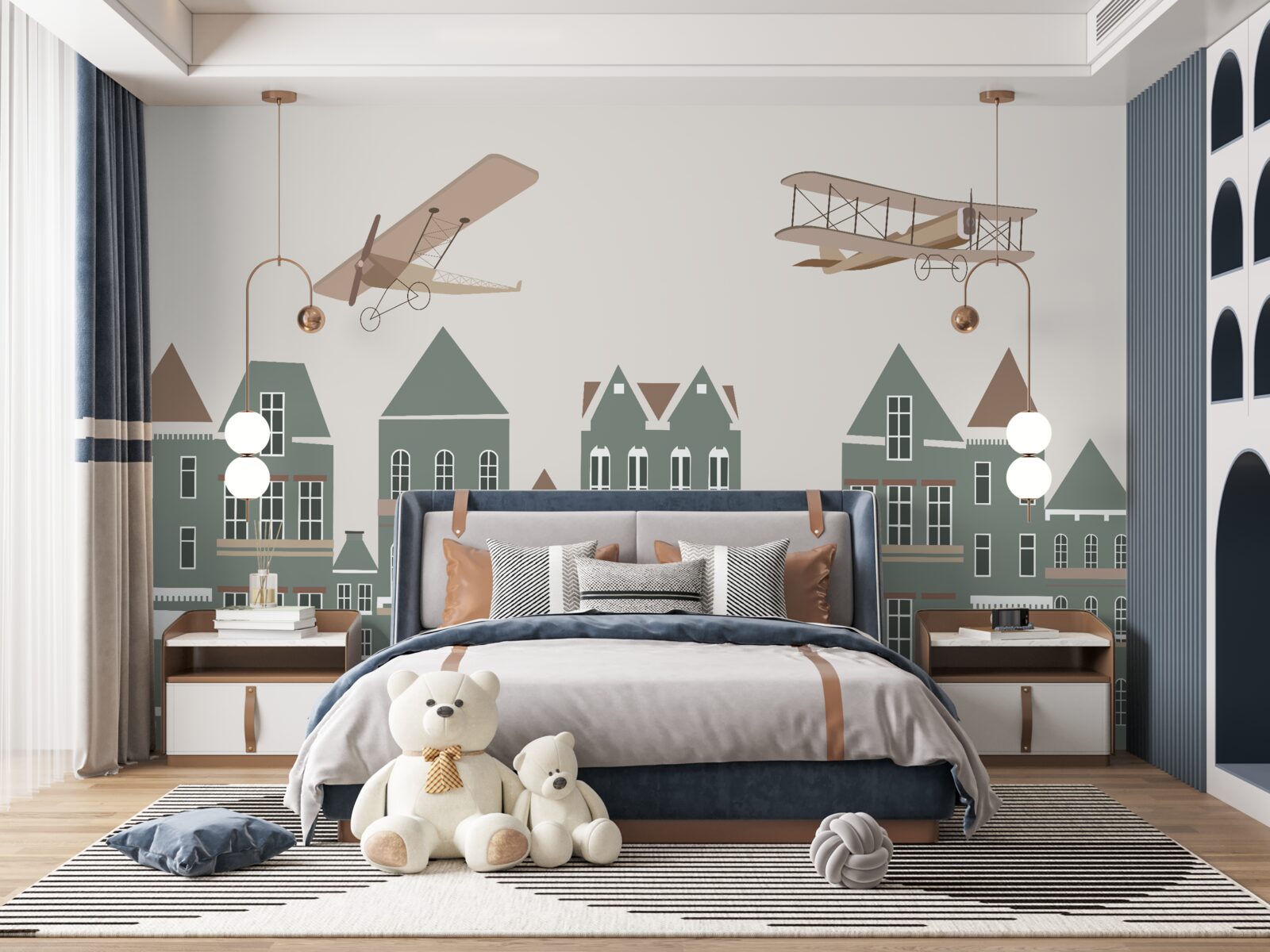 Fototapeta samoloty unoszą się nad domami