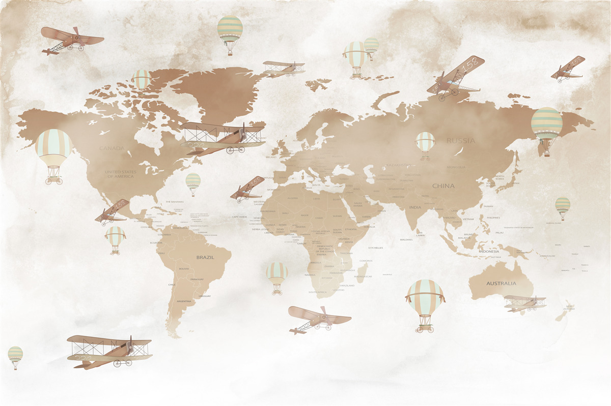 Fototapeta brązowa mapa świata z przedstawionymi samolotami