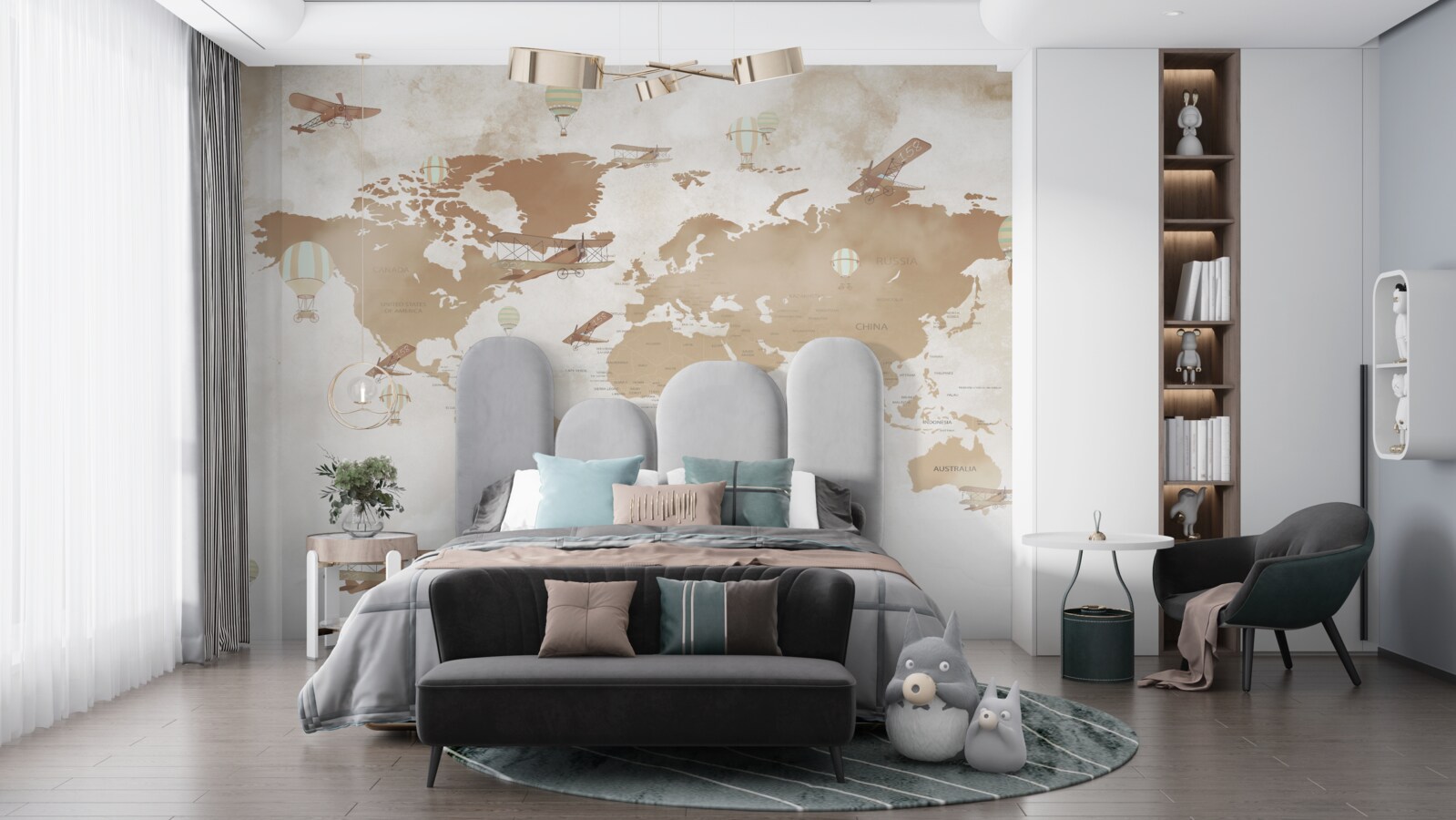 Fototapeta brązowa mapa świata z przedstawionymi samolotami