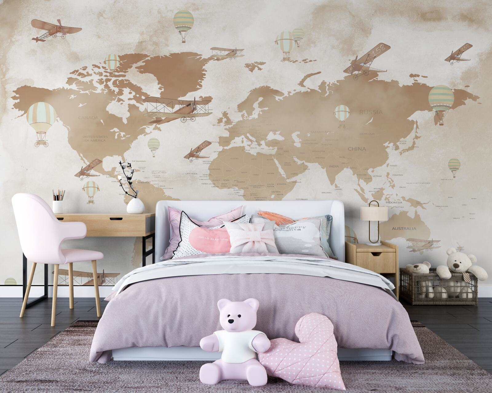 Fototapeta brązowa mapa świata z przedstawionymi samolotami