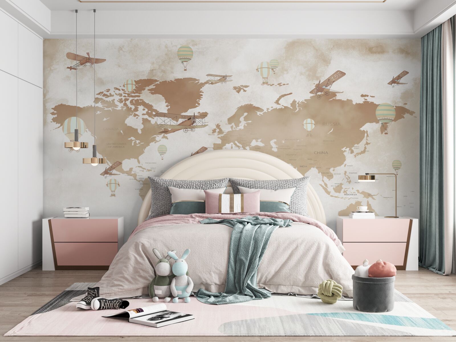 Fototapeta brązowa mapa świata z przedstawionymi samolotami