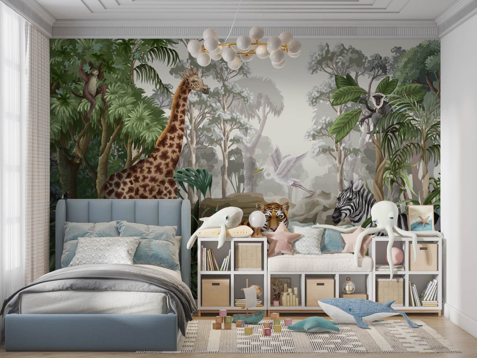 Fototapeta Żyrafa, tygrys i zebra w lesie deszczowym