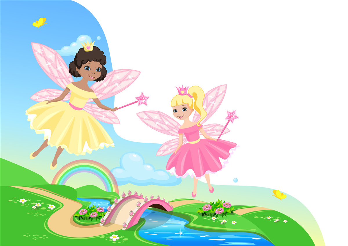 Fototapeta magiczne wróżki nad łukiem mostu i łukiem tęczy