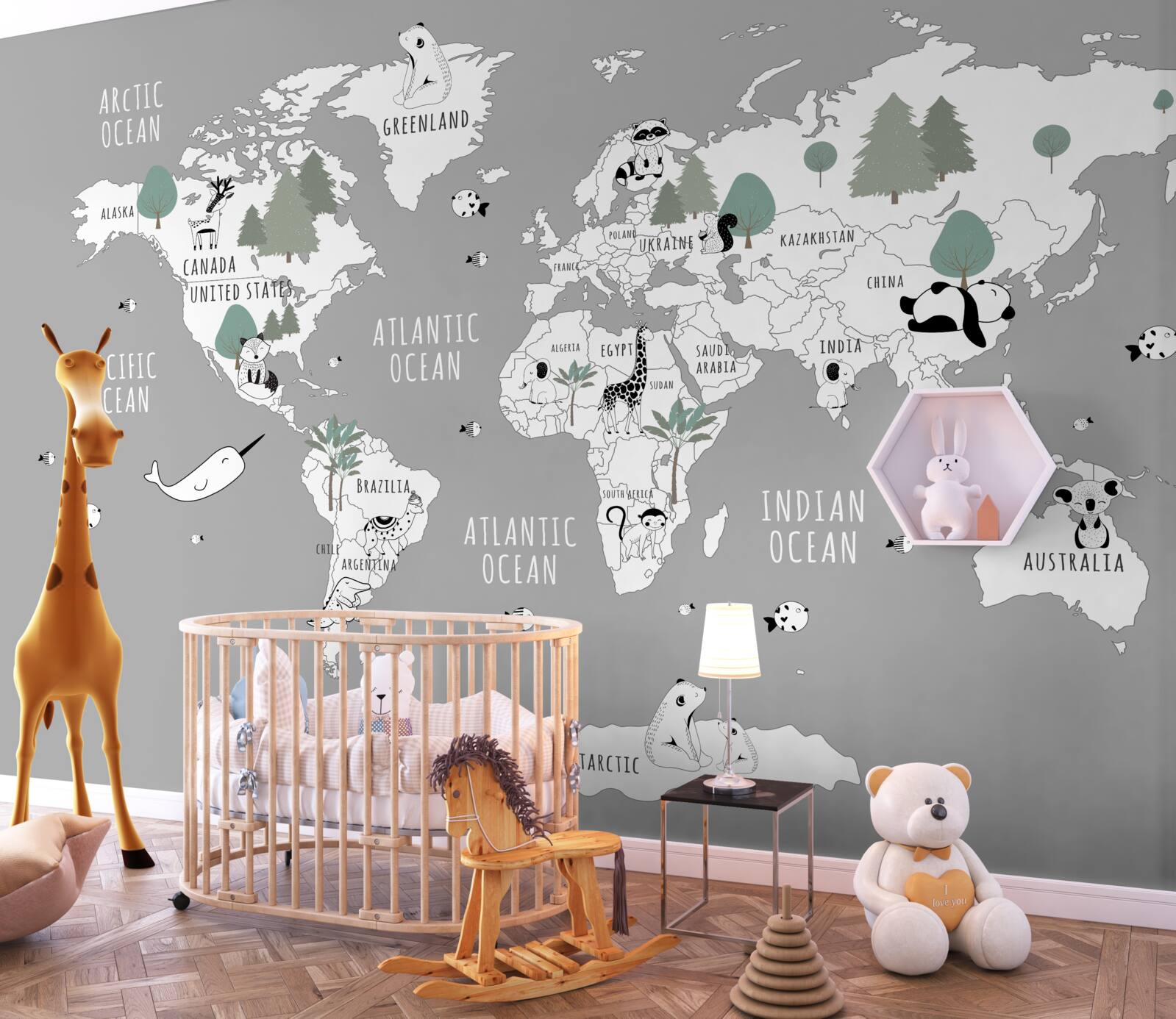 Fototapeta mapa świata w kolorze białym, ozdobiona pandami