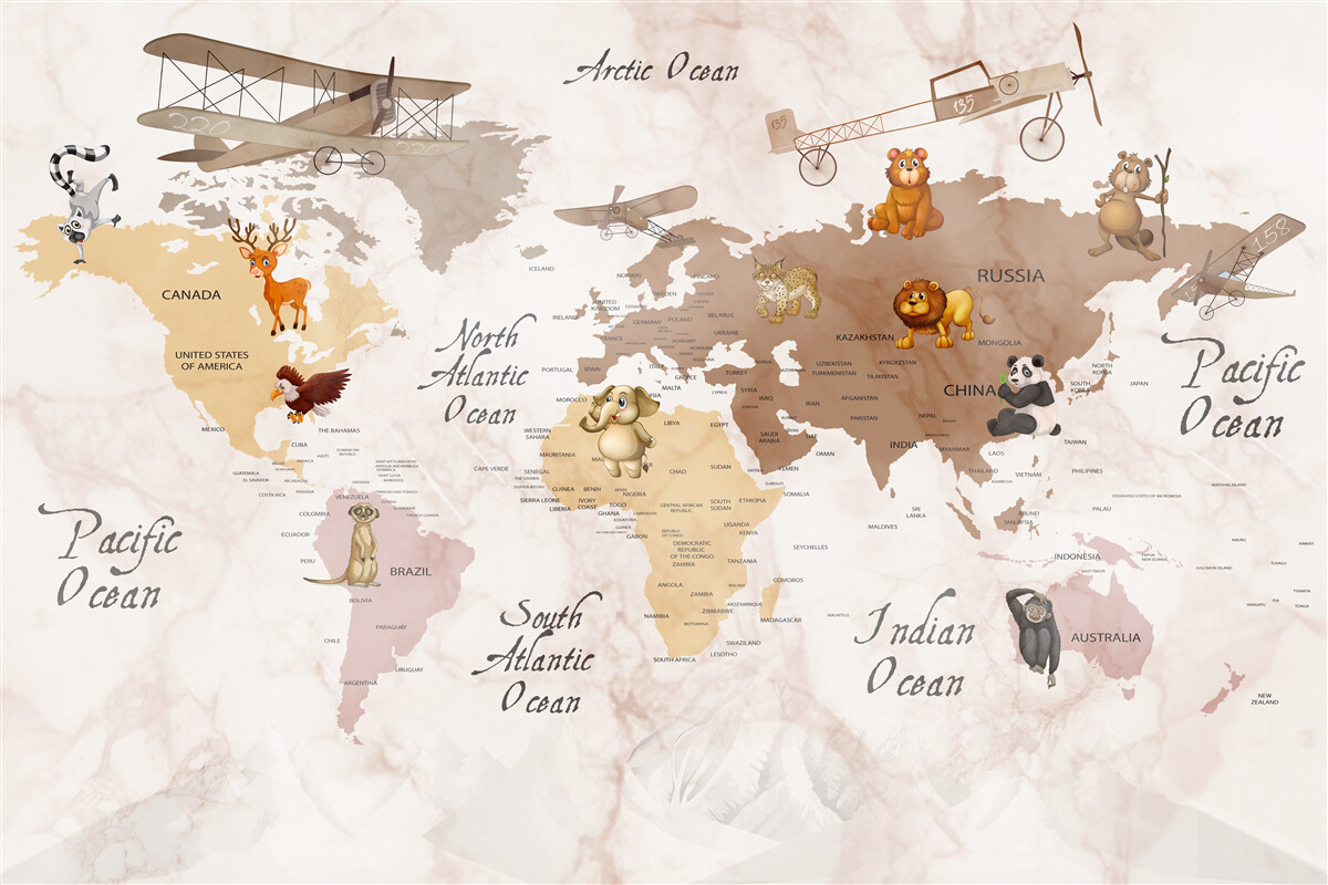 Fototapeta mapa świata i główni mieszkańcy kontynentów