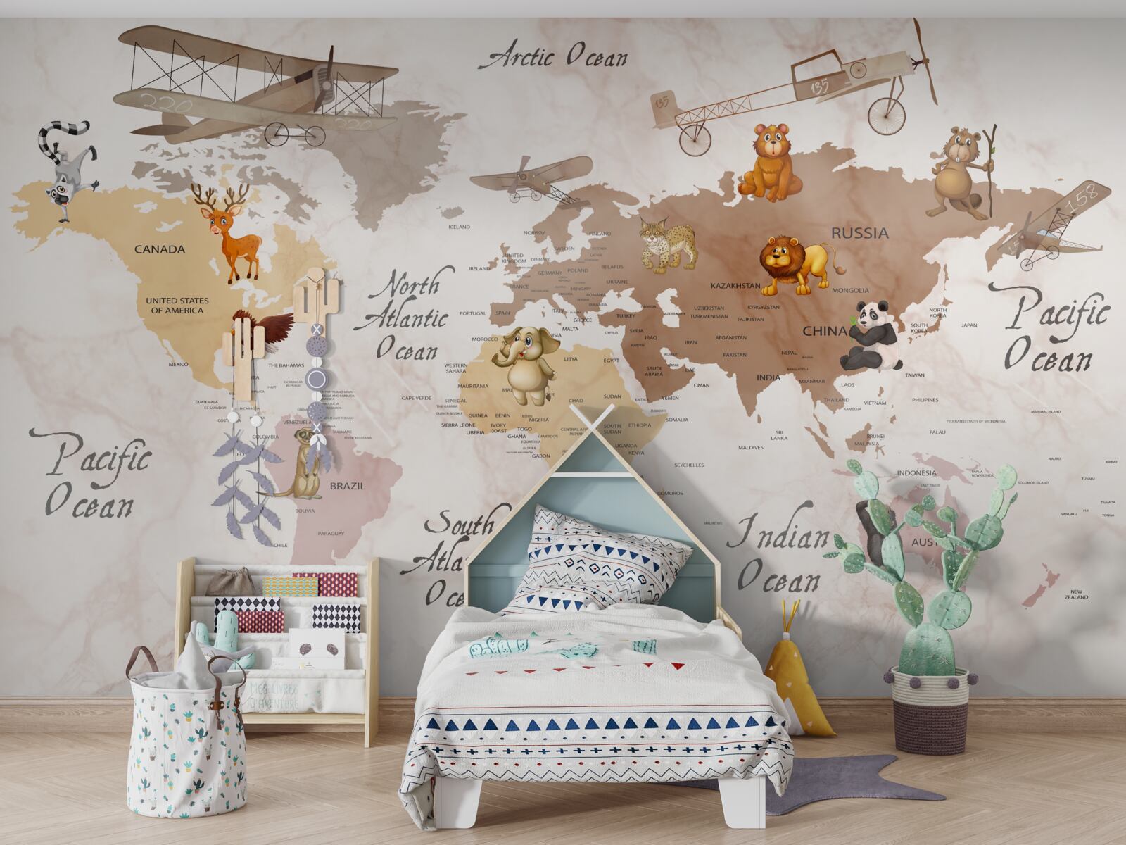 Fototapeta mapa świata i główni mieszkańcy kontynentów