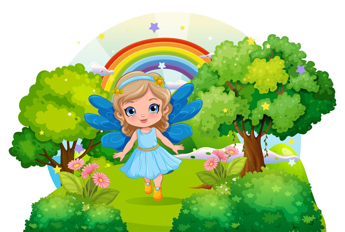 Fototapeta czarodziejka w szmaragdowym ogrodzie w pobliżu tęczy