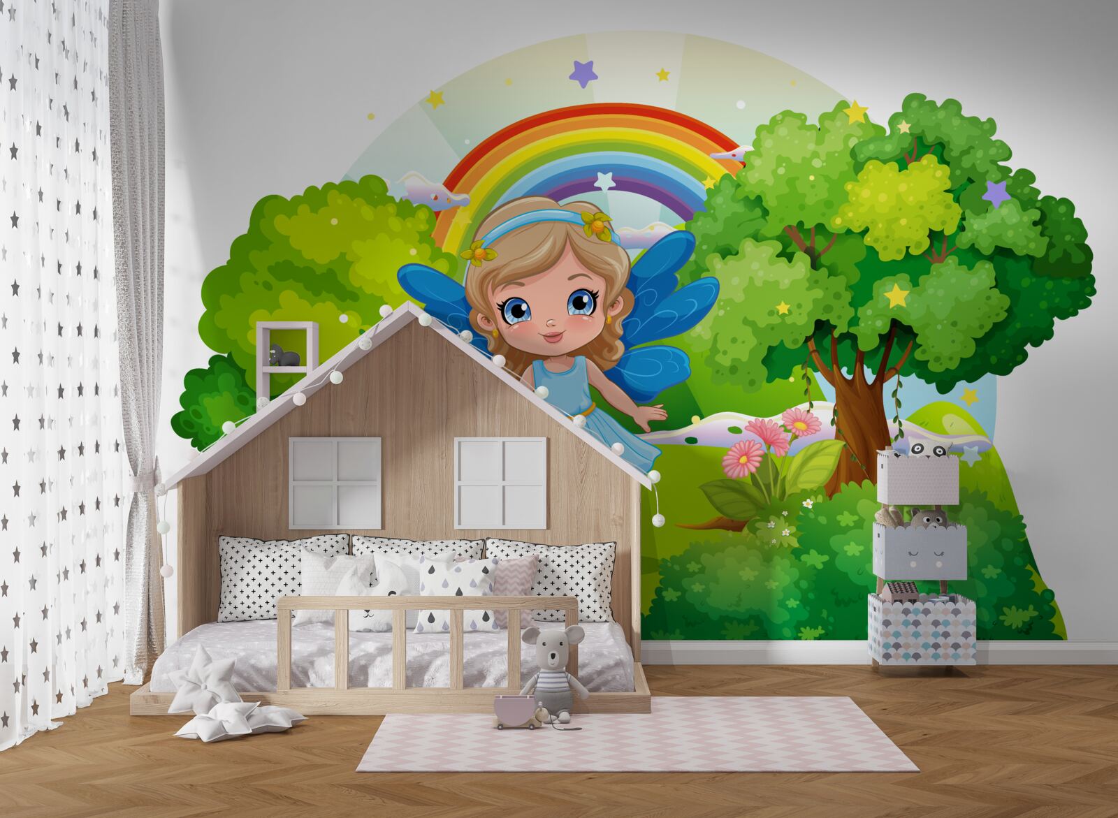 Fototapeta czarodziejka w szmaragdowym ogrodzie w pobliżu tęczy