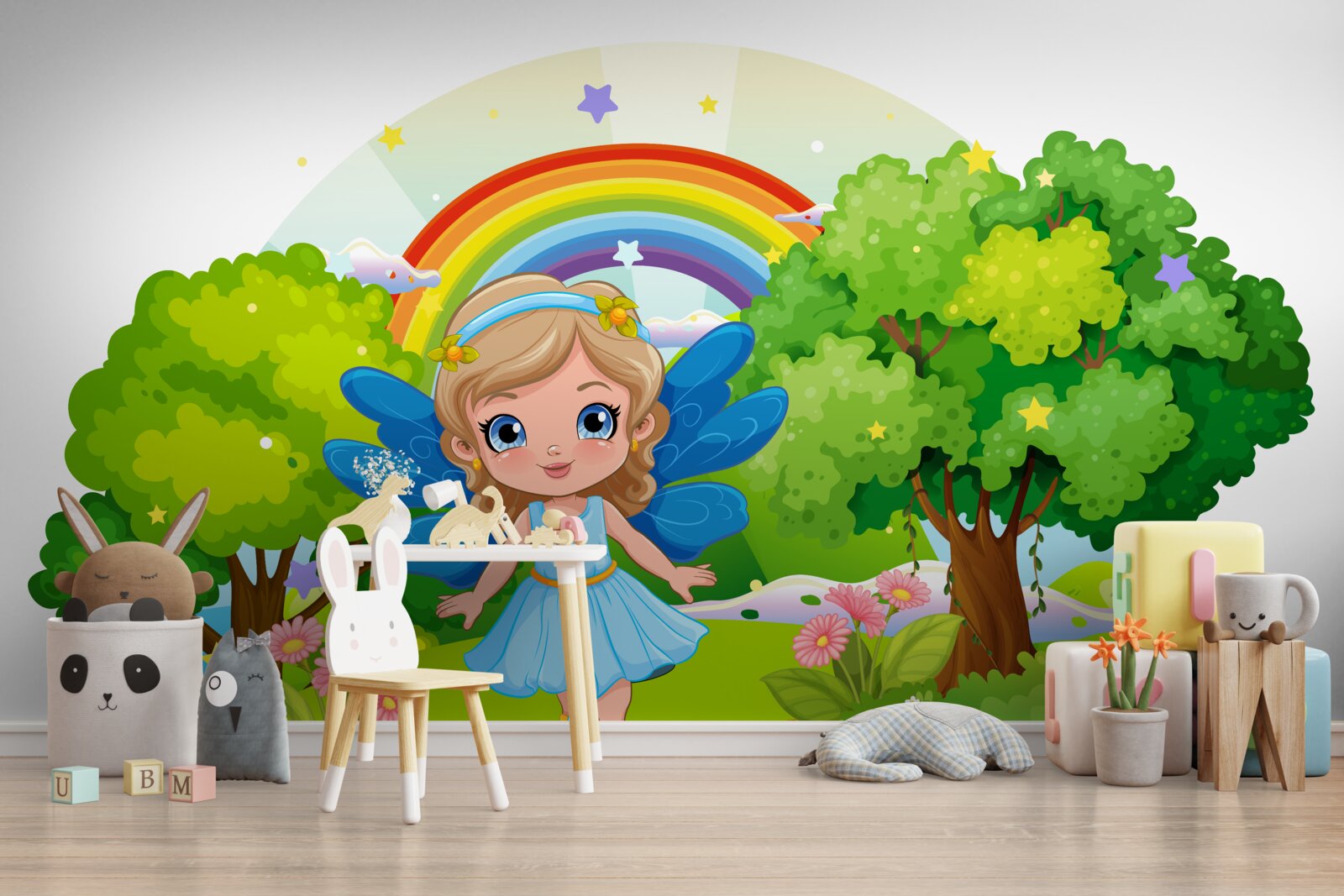 Fototapeta czarodziejka w szmaragdowym ogrodzie w pobliżu tęczy