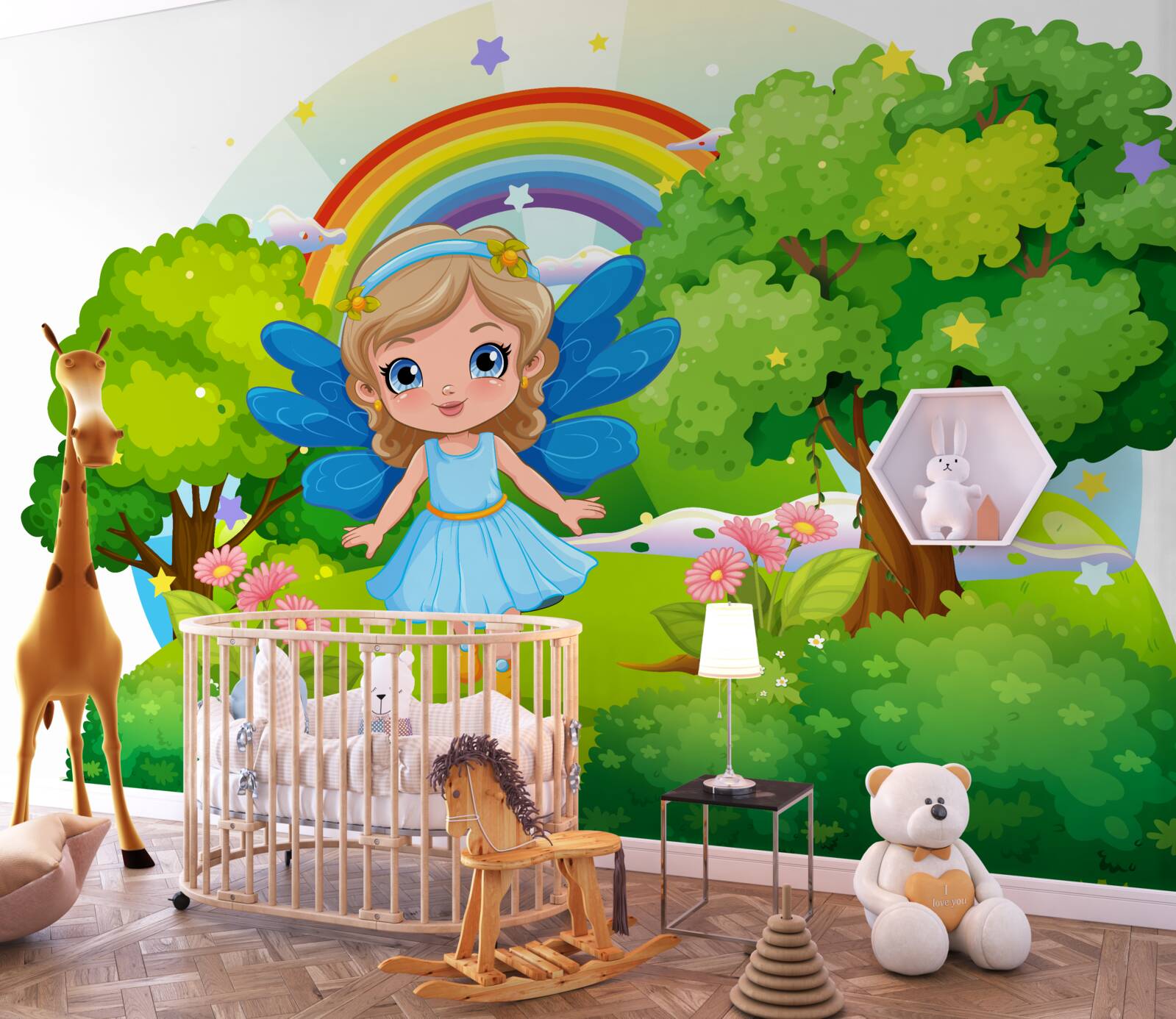 Fototapeta czarodziejka w szmaragdowym ogrodzie w pobliżu tęczy