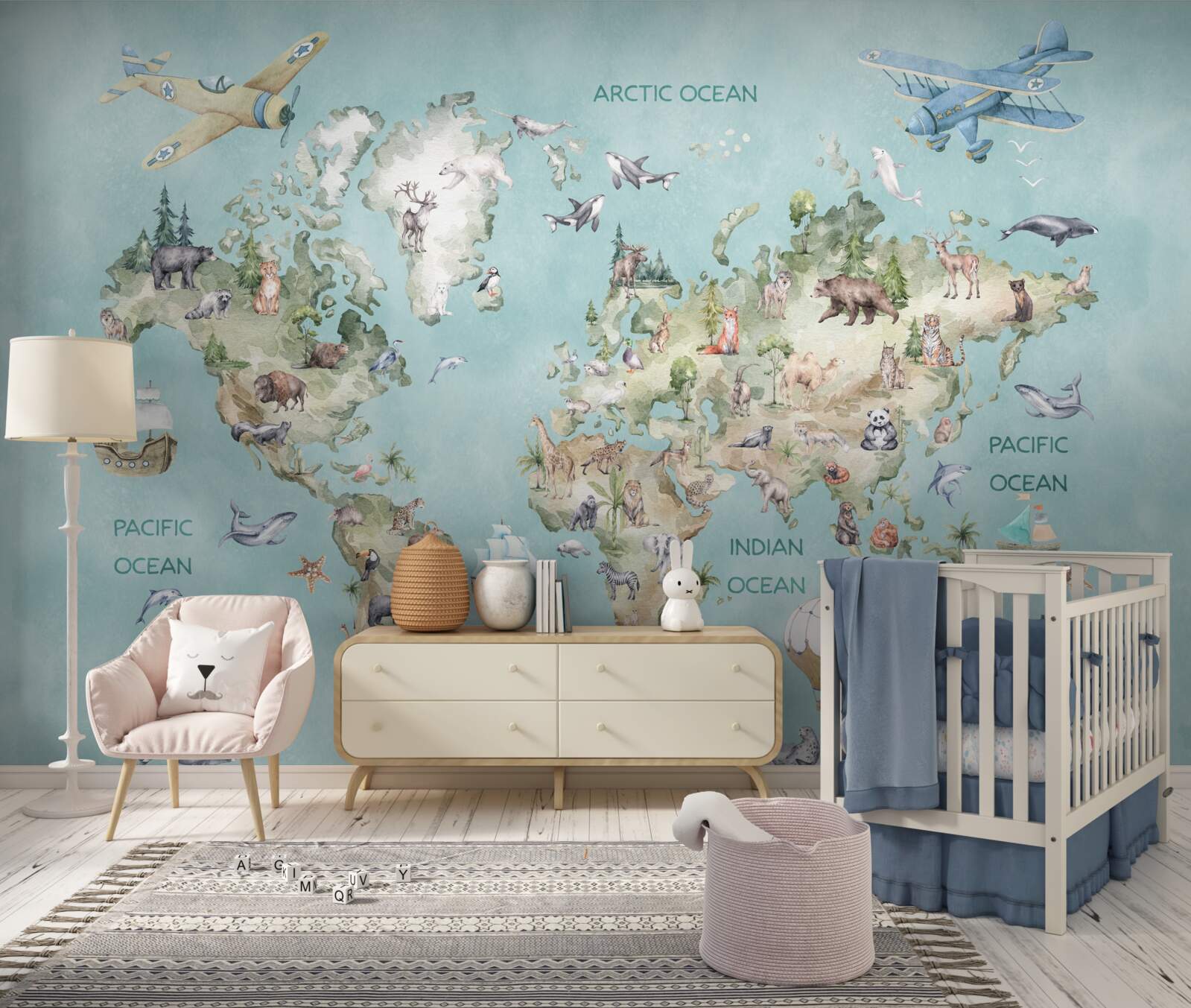 Fototapeta mapa świata dla dzieci z oceanami