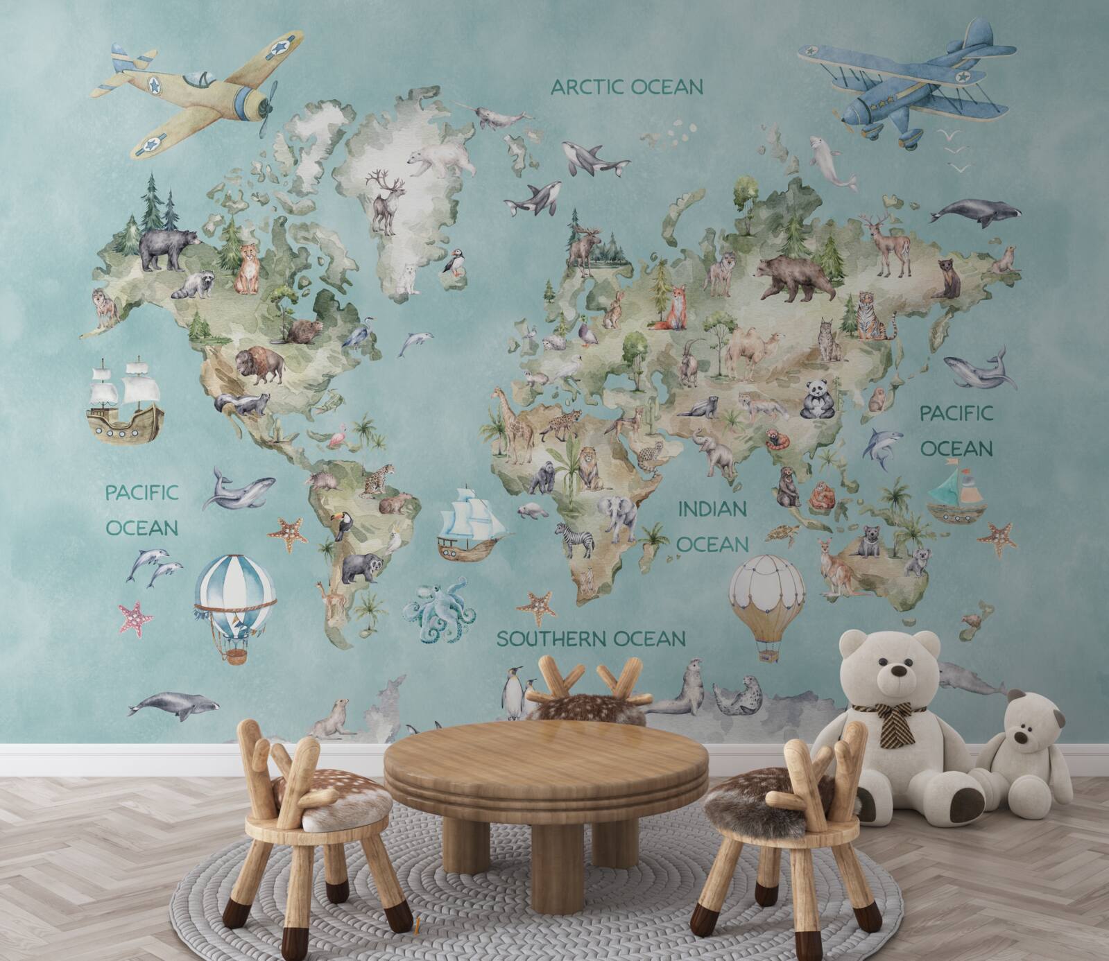 Fototapeta mapa świata dla dzieci z oceanami