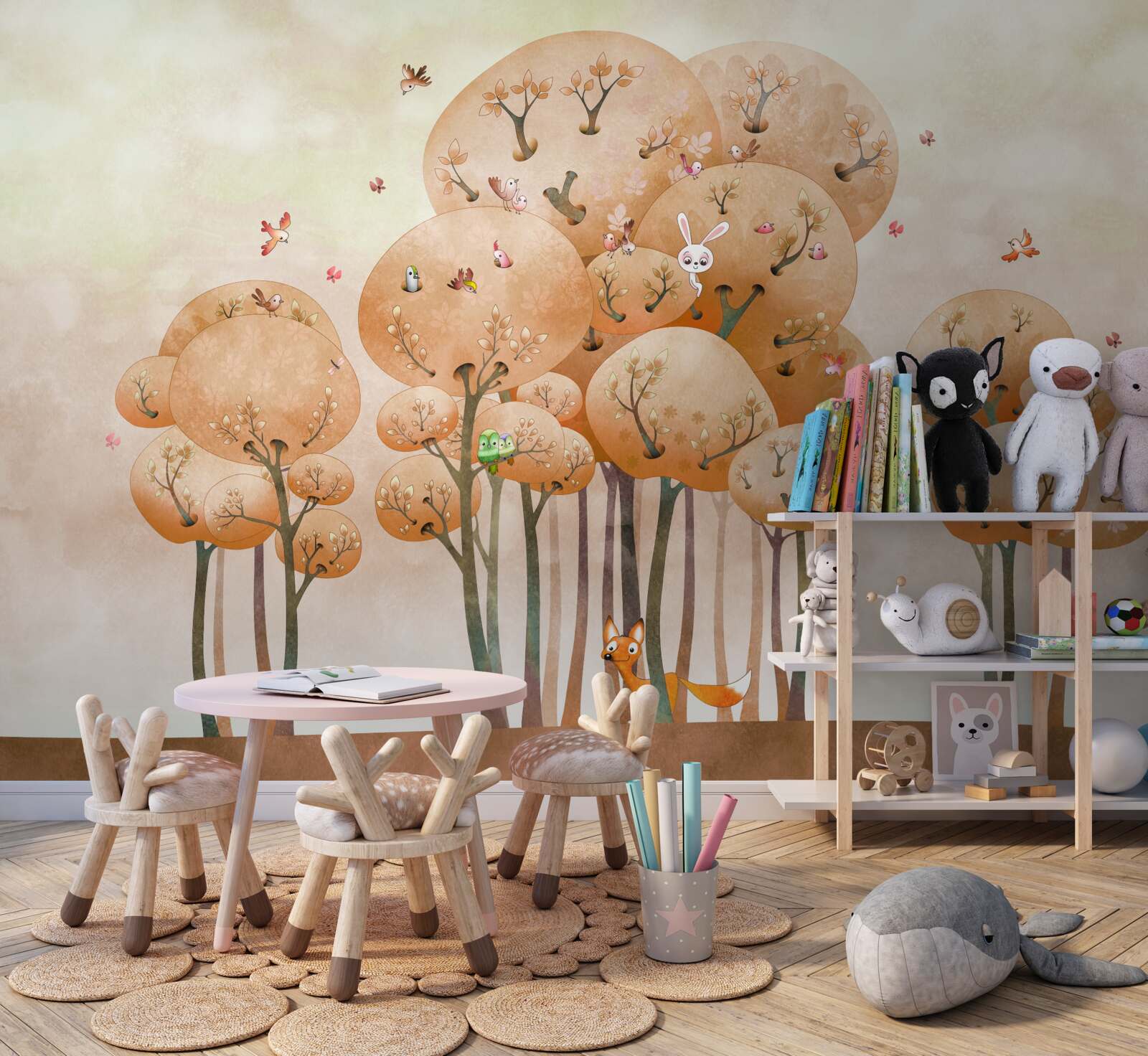 Fototapeta lis szuka króliczka na drzewie