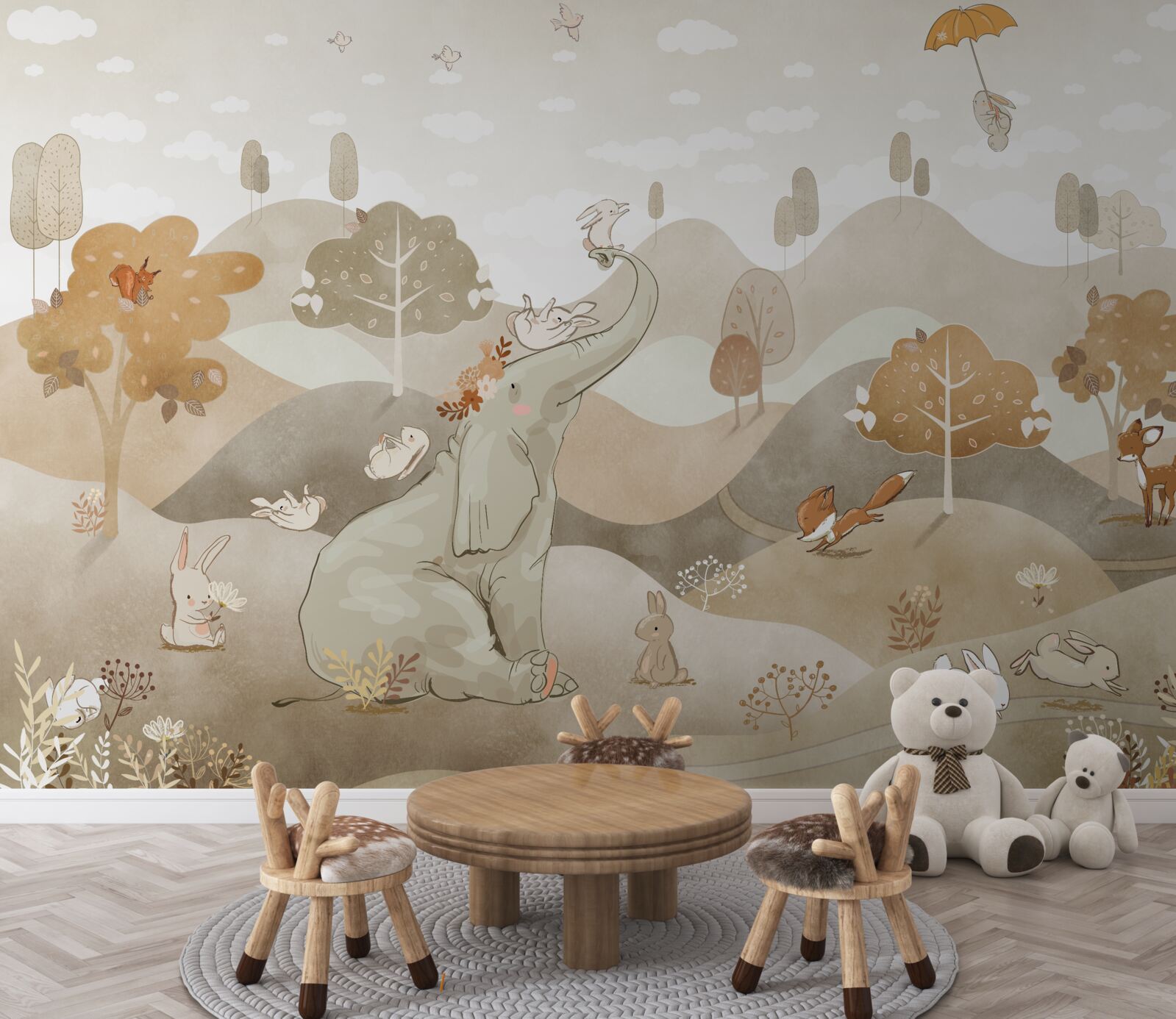 Fototapeta mały słoń bawi króliczki