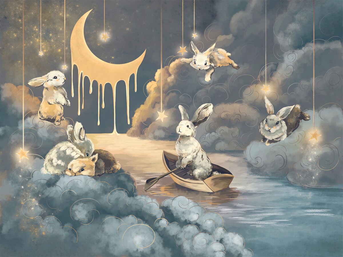 Fototapeta na nocnym niebie pojawiają się urocze króliczki