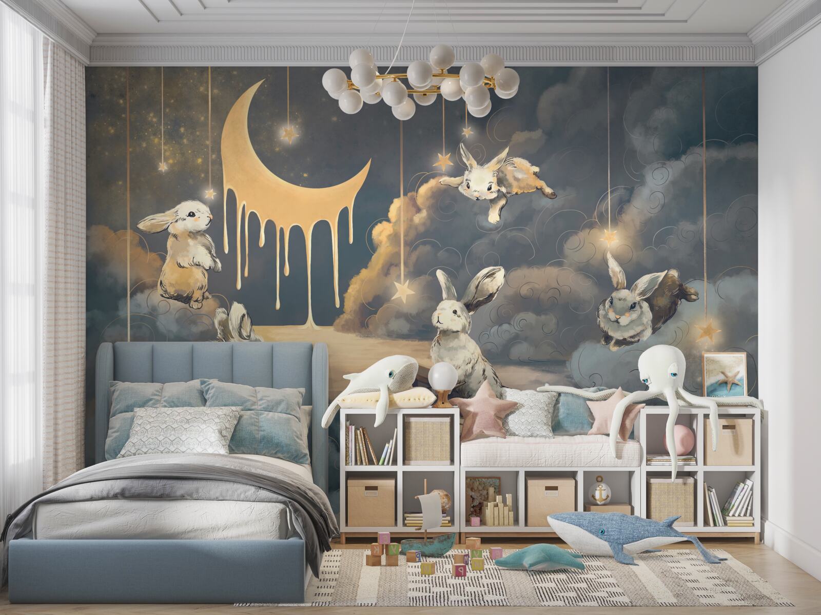 Fototapeta na nocnym niebie pojawiają się urocze króliczki