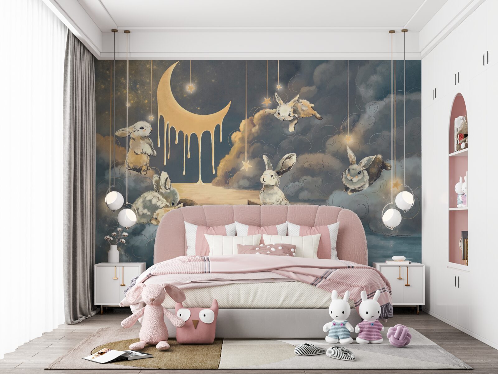 Fototapeta na nocnym niebie pojawiają się urocze króliczki