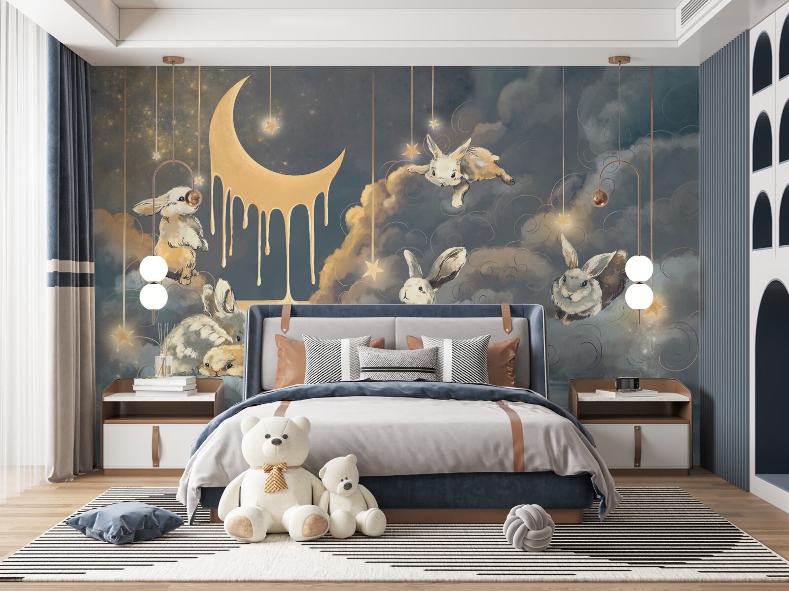 Fototapeta na nocnym niebie pojawiają się urocze króliczki