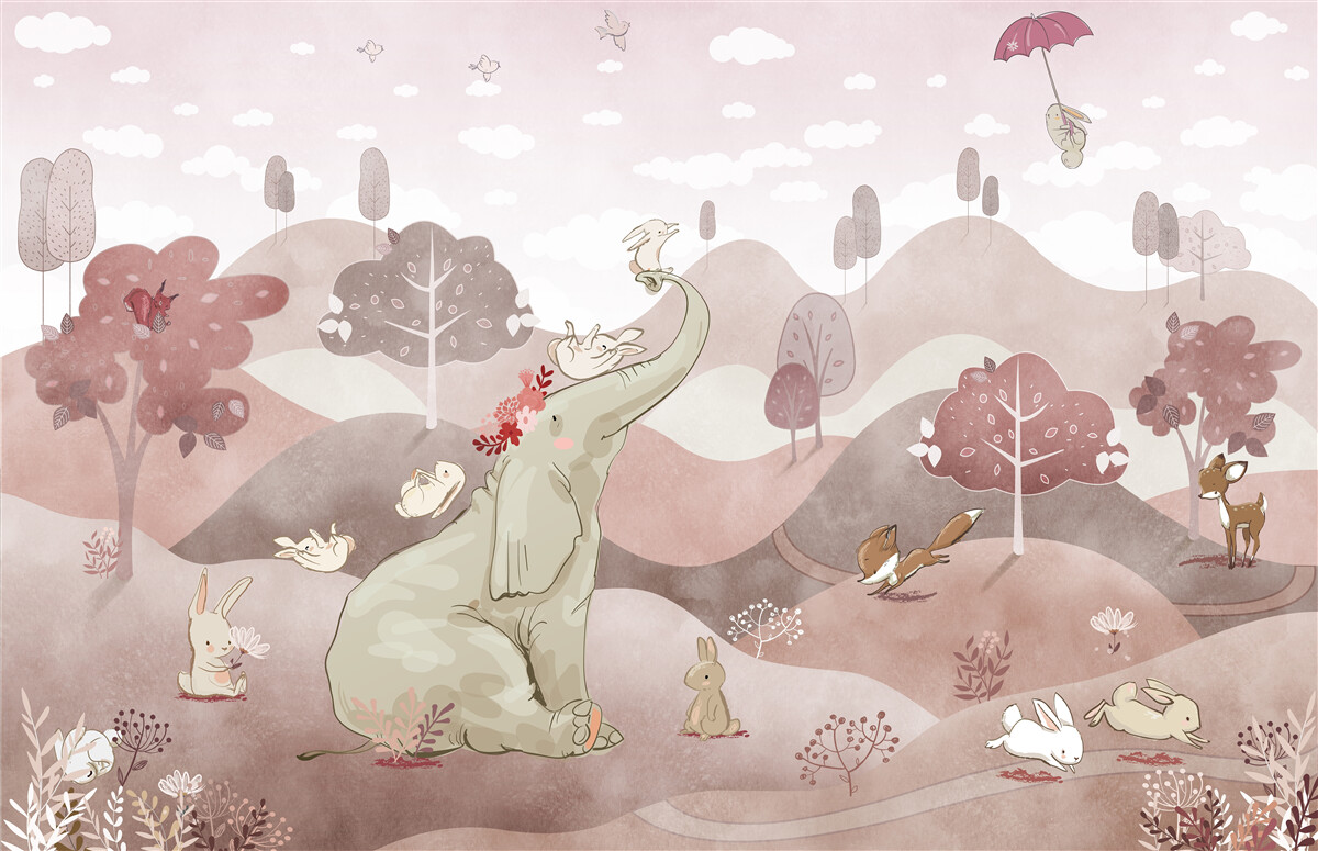 Fototapeta mały słoń i zające spacerują po łąkach