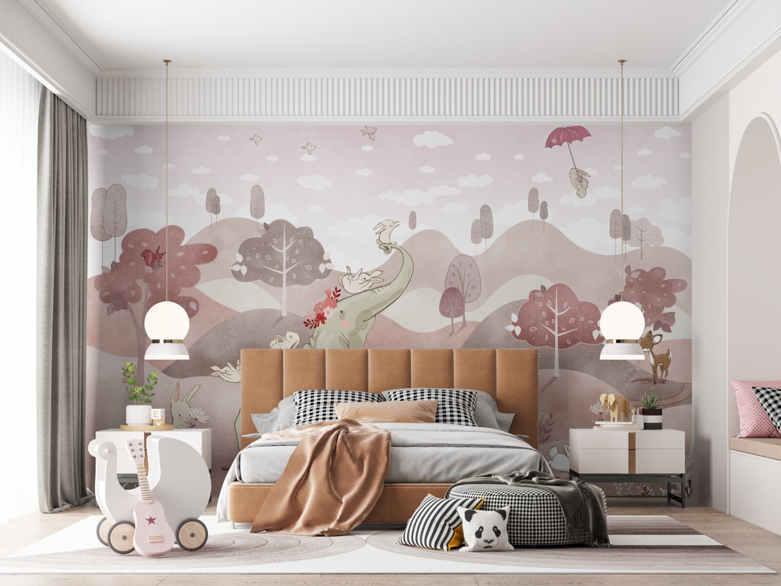 Fototapeta mały słoń i zające spacerują po łąkach