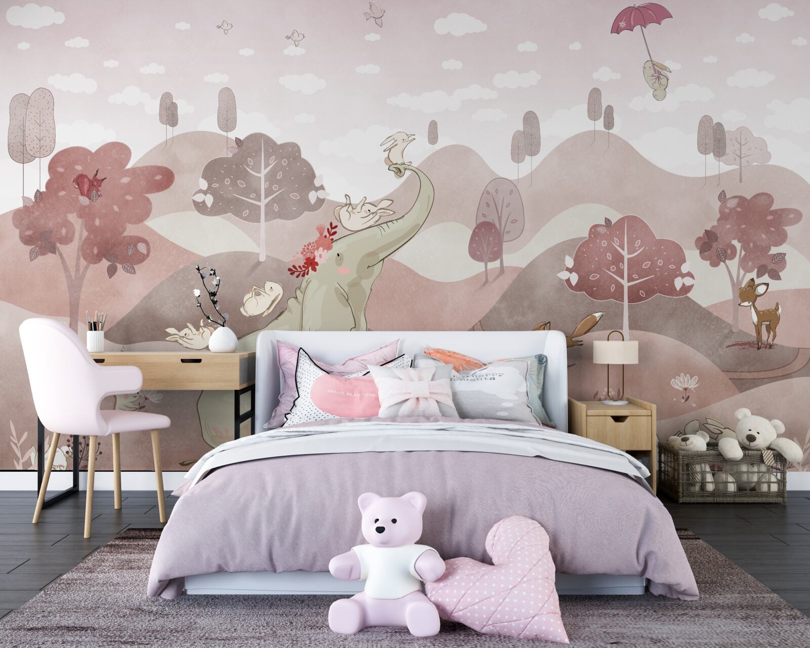 Fototapeta mały słoń i zające spacerują po łąkach