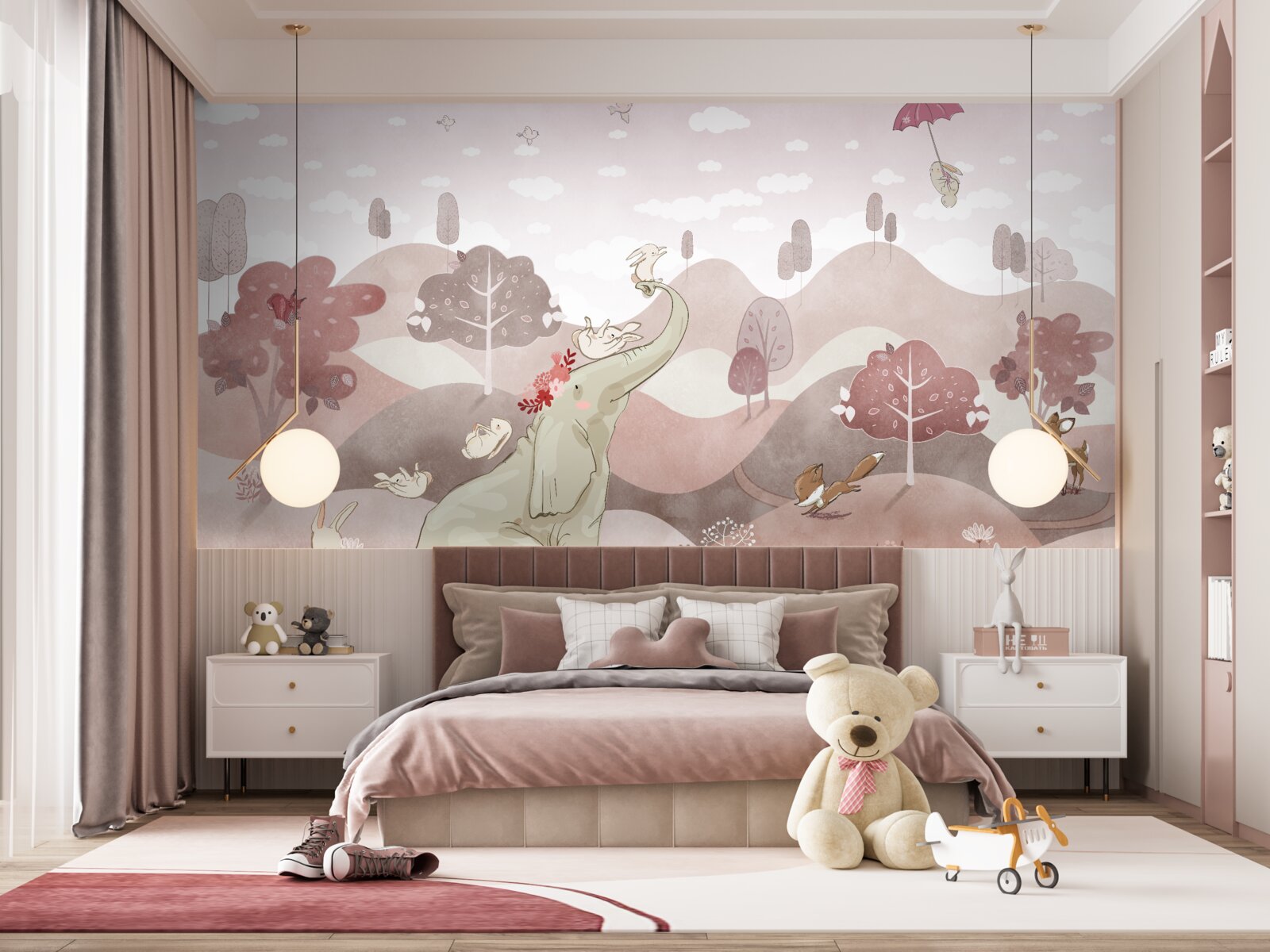 Fototapeta mały słoń i zające spacerują po łąkach