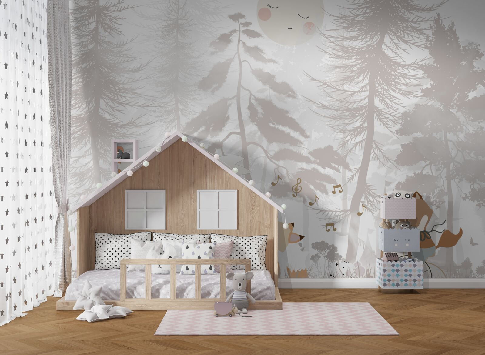 Fototapeta zwierzęta spacerują po mglistym lesie