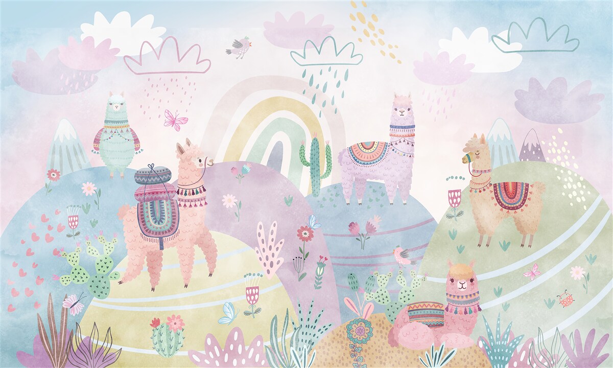 Fototapeta pola, po których spacerują lamy