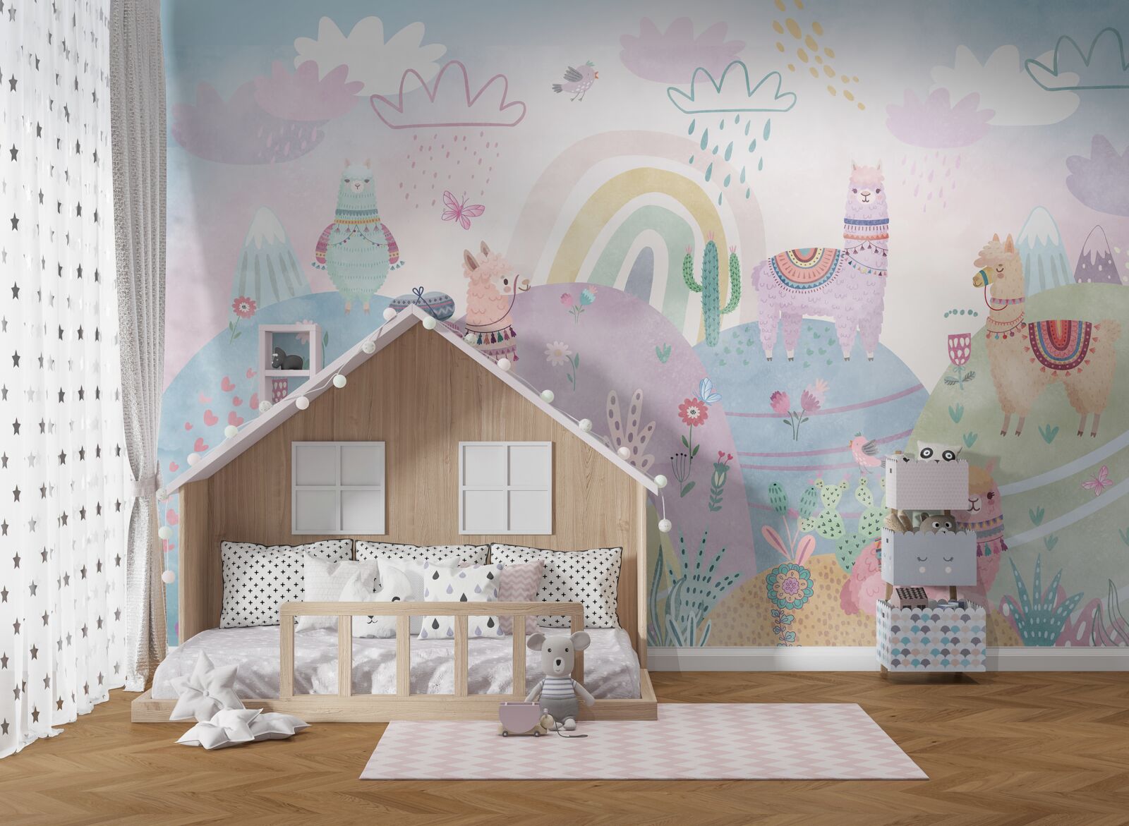 Fototapeta pola, po których spacerują lamy