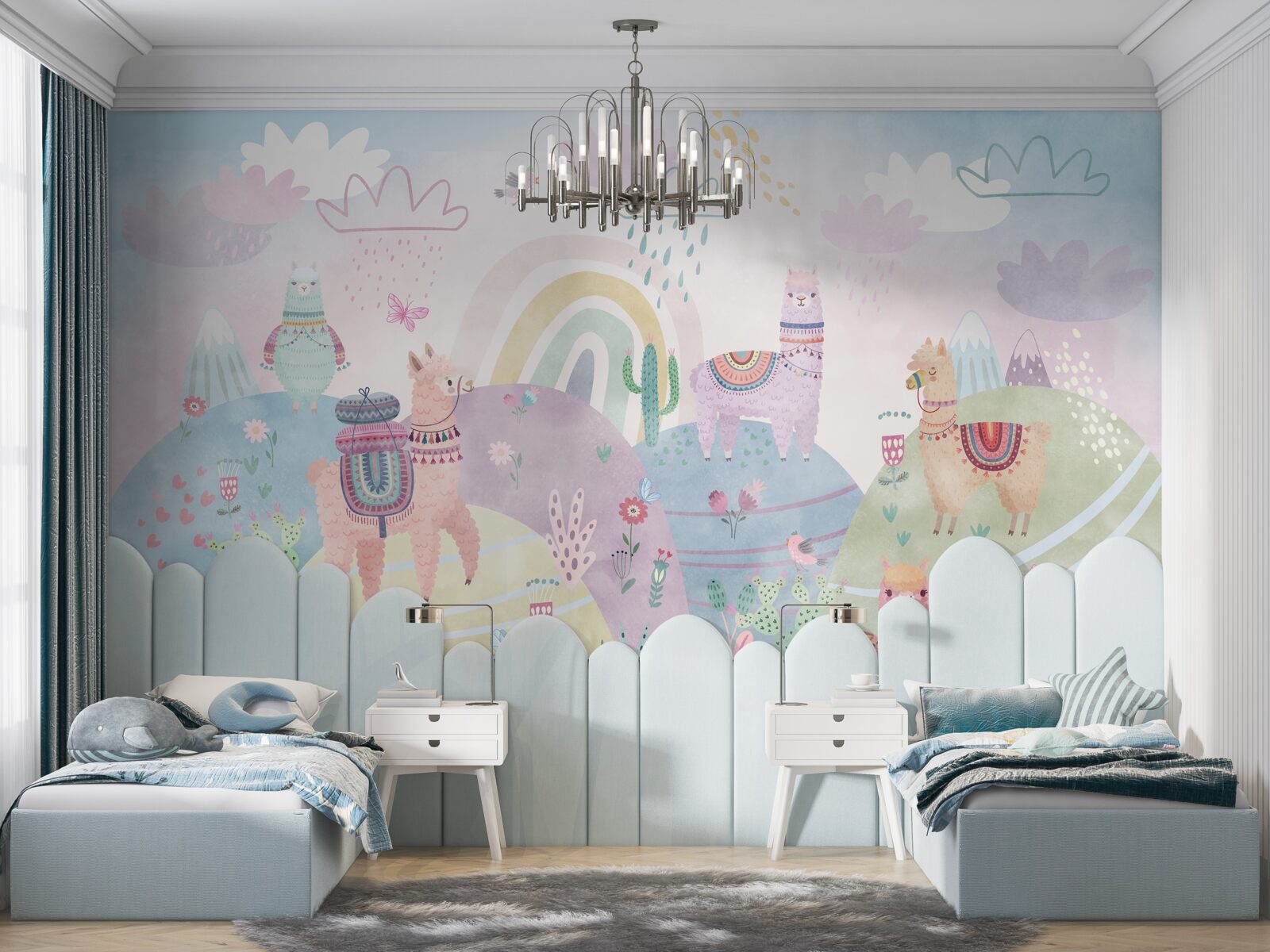 Fototapeta pola, po których spacerują lamy