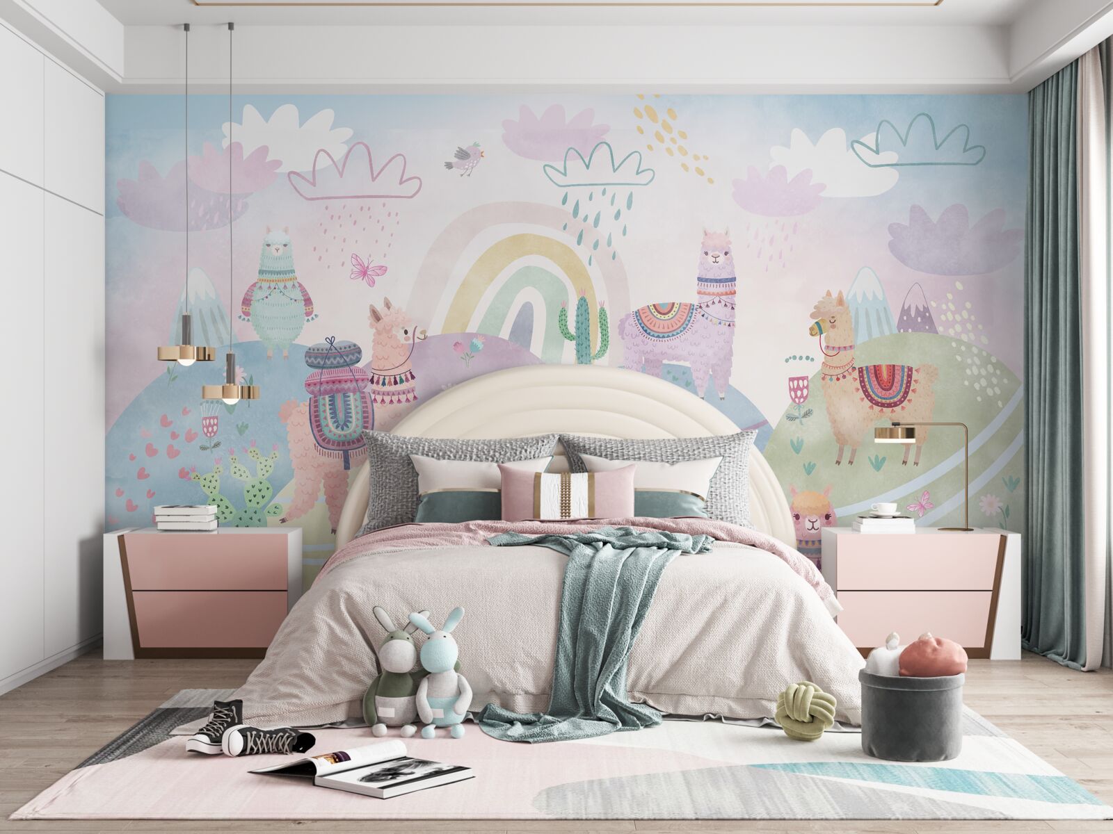 Fototapeta pola, po których spacerują lamy