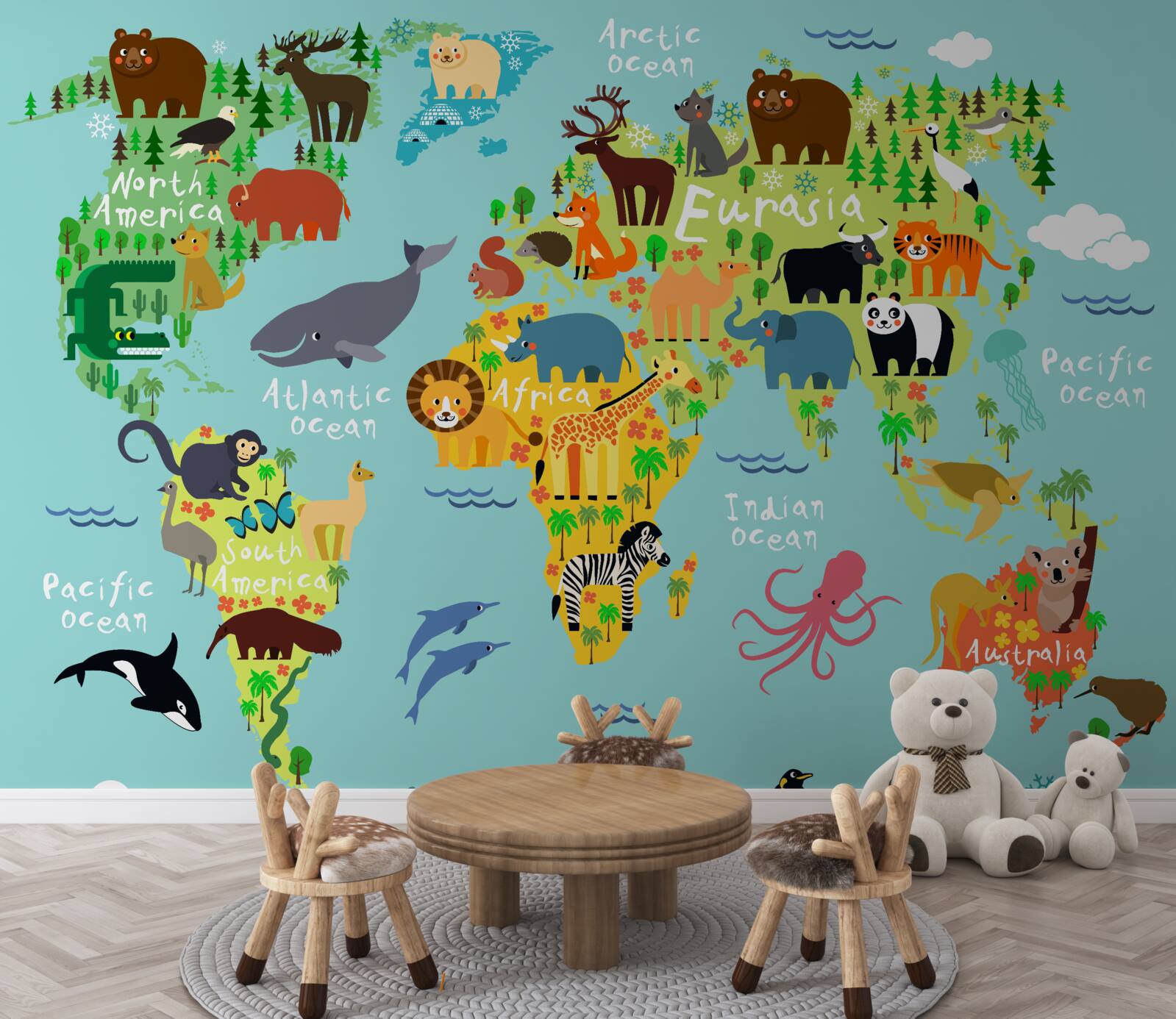 Fototapeta mapa świata dla dzieci i mieszkańców kontynentów