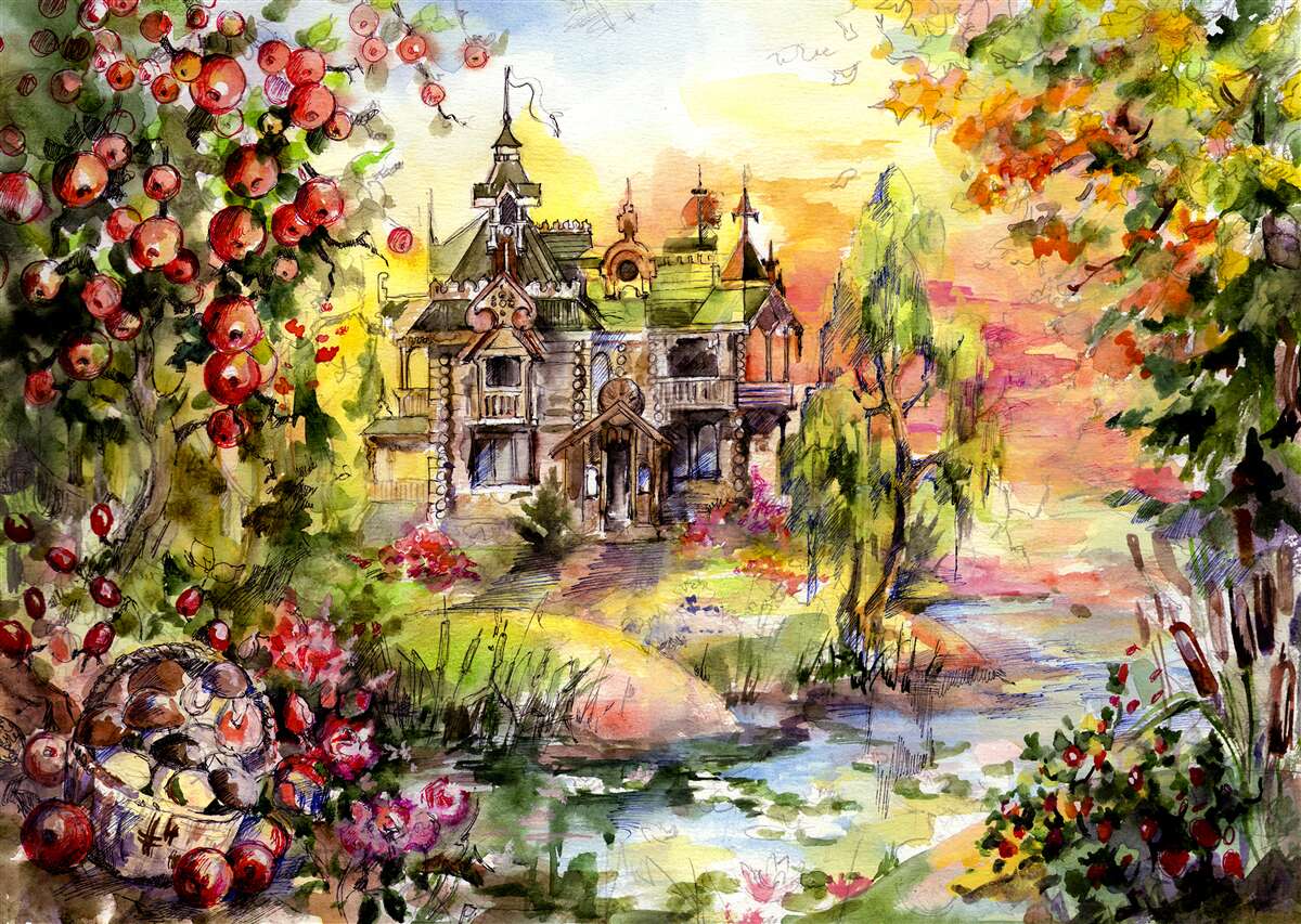 Fototapeta dom z bajki na leśnym brzegu rzeki