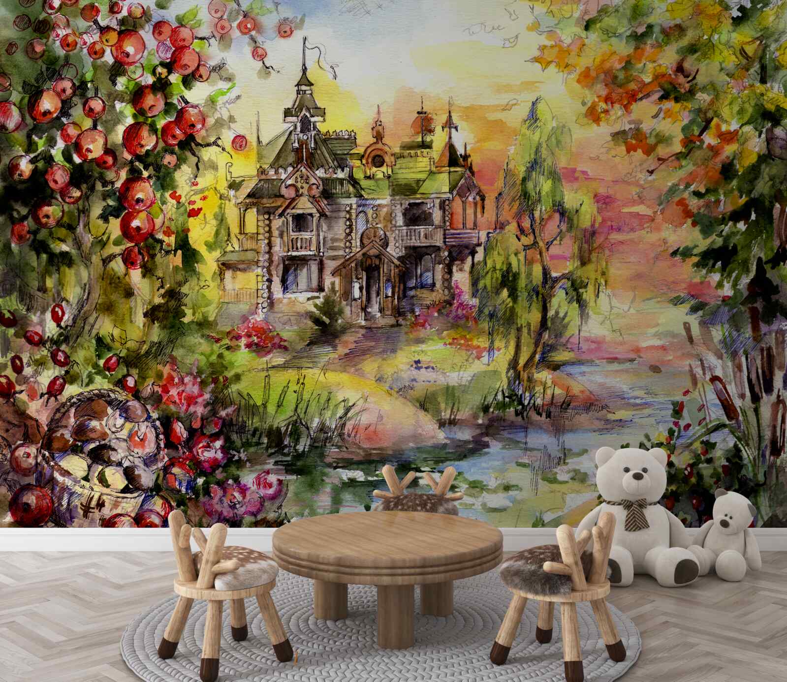 Fototapeta dom z bajki na leśnym brzegu rzeki