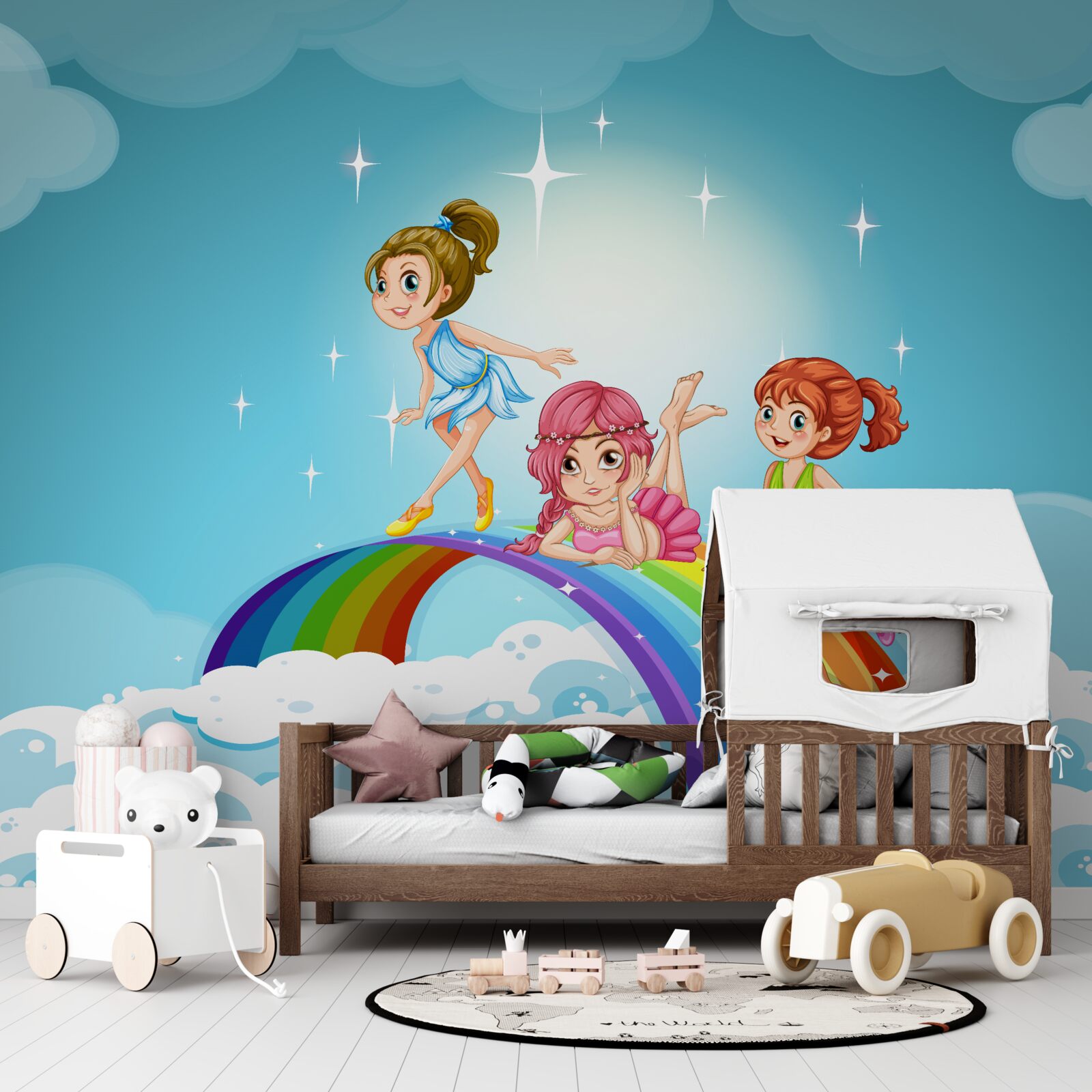 Fototapeta dziewczyny wśród chmur na tęczy