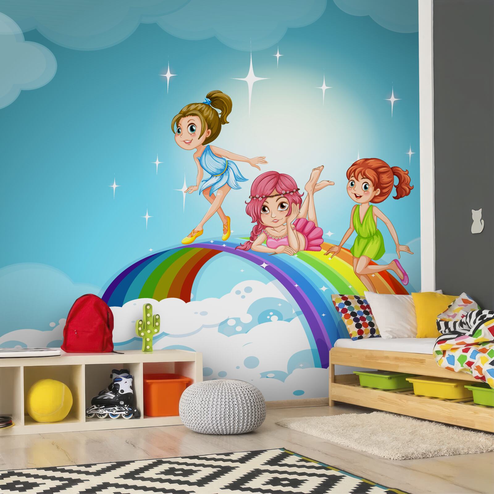 Fototapeta dziewczyny wśród chmur na tęczy