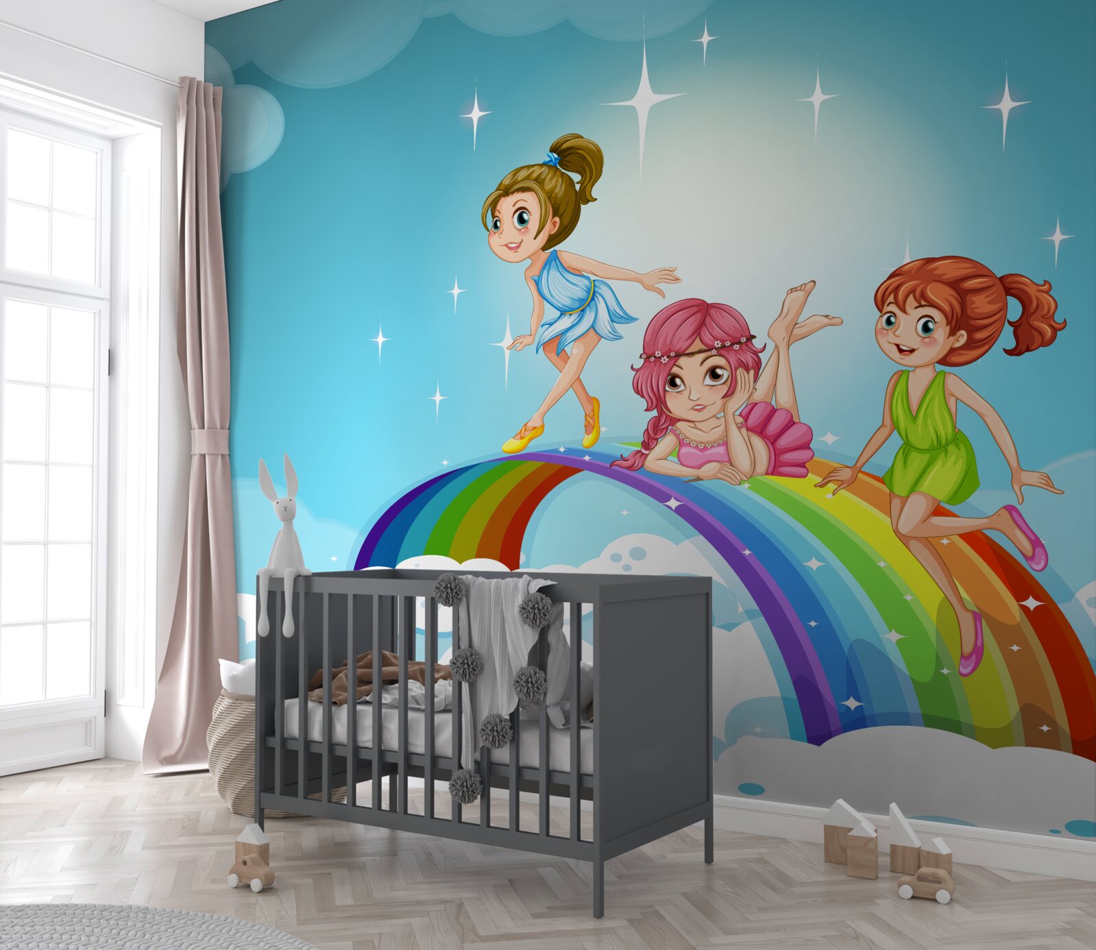 Fototapeta dziewczyny wśród chmur na tęczy