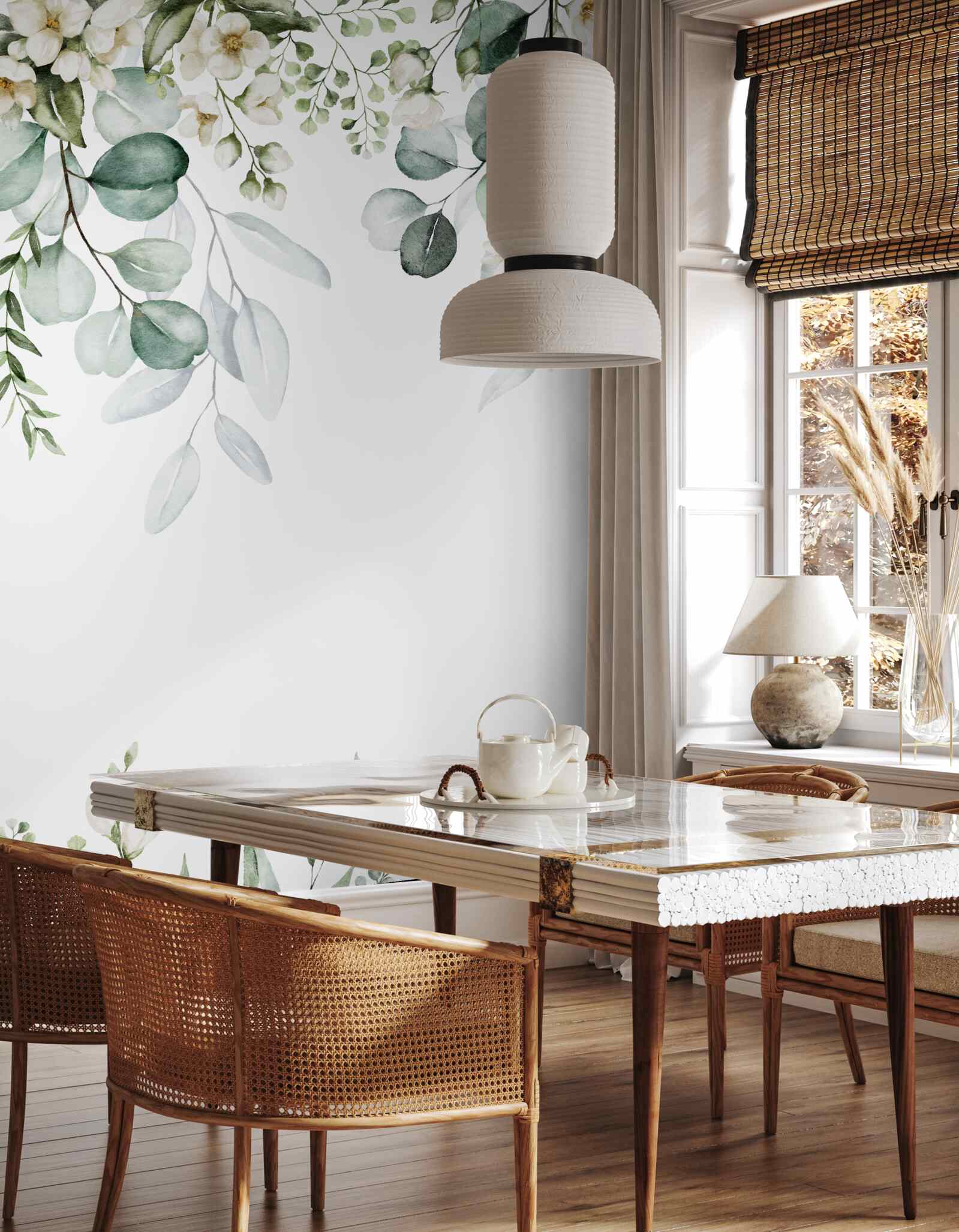 Fototapeta białe kwiaty i eukaliptus