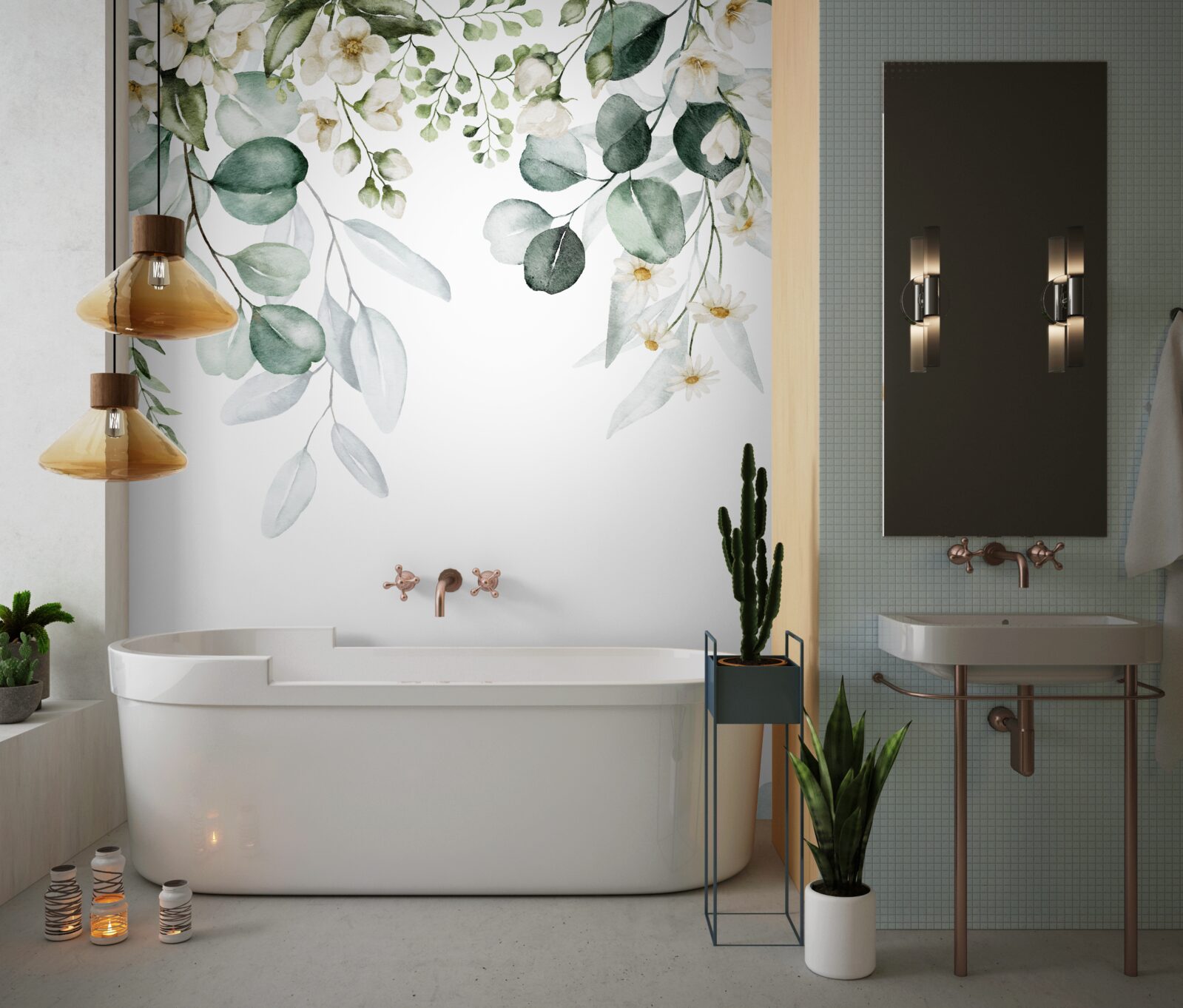 Fototapeta białe kwiaty i eukaliptus