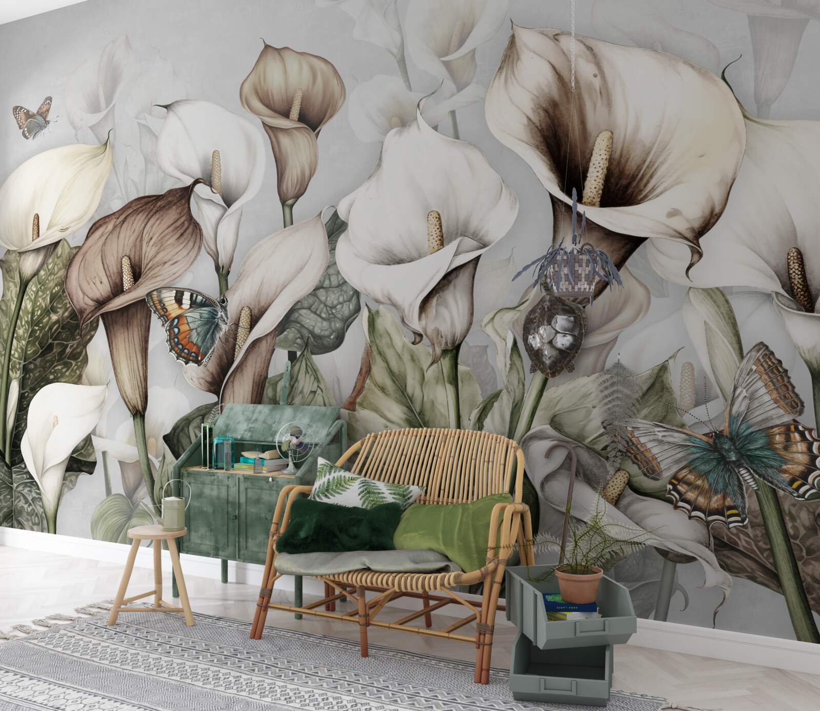 Fototapeta kalie są biało-brązowe z motylami