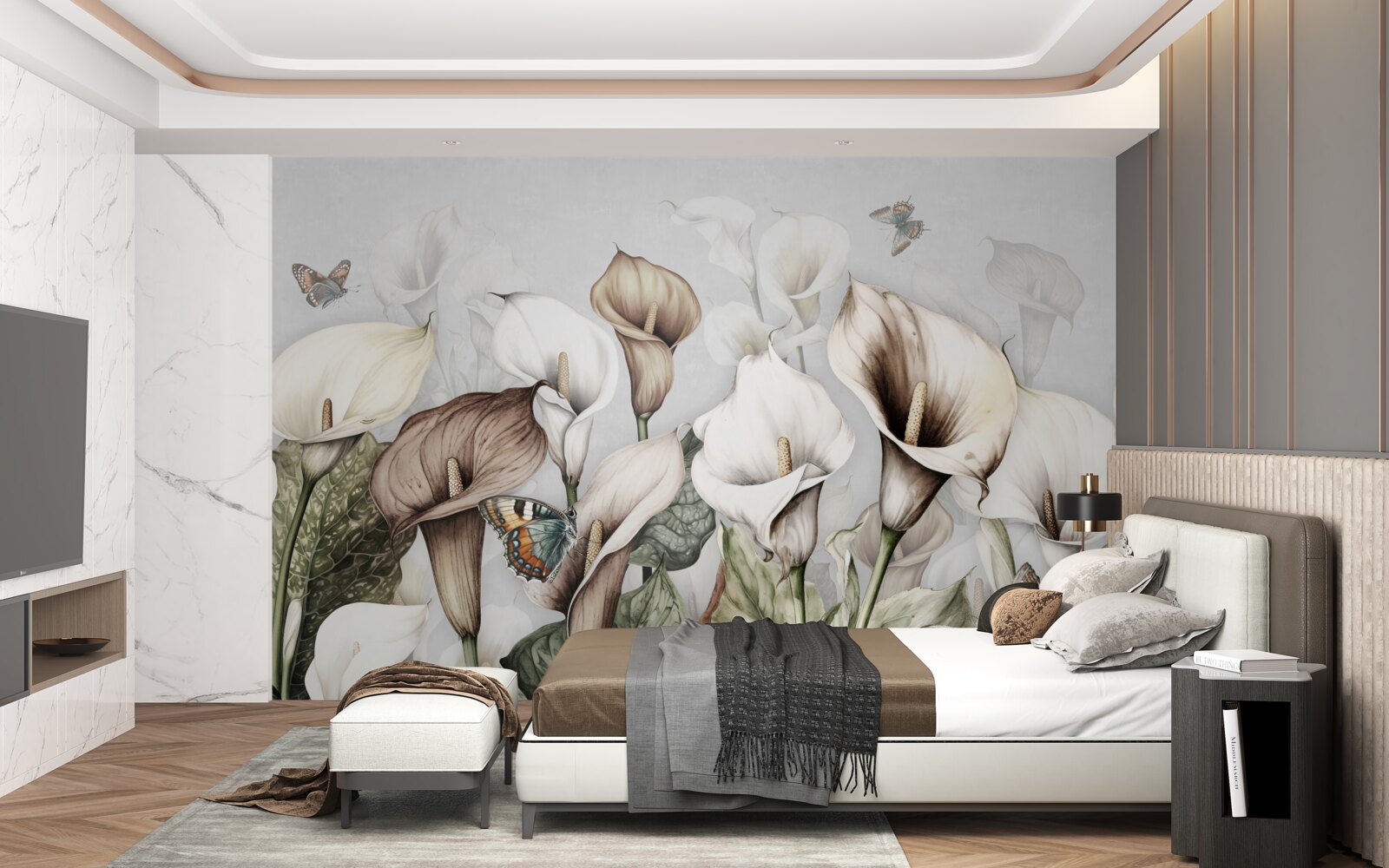Fototapeta kalie są biało-brązowe z motylami