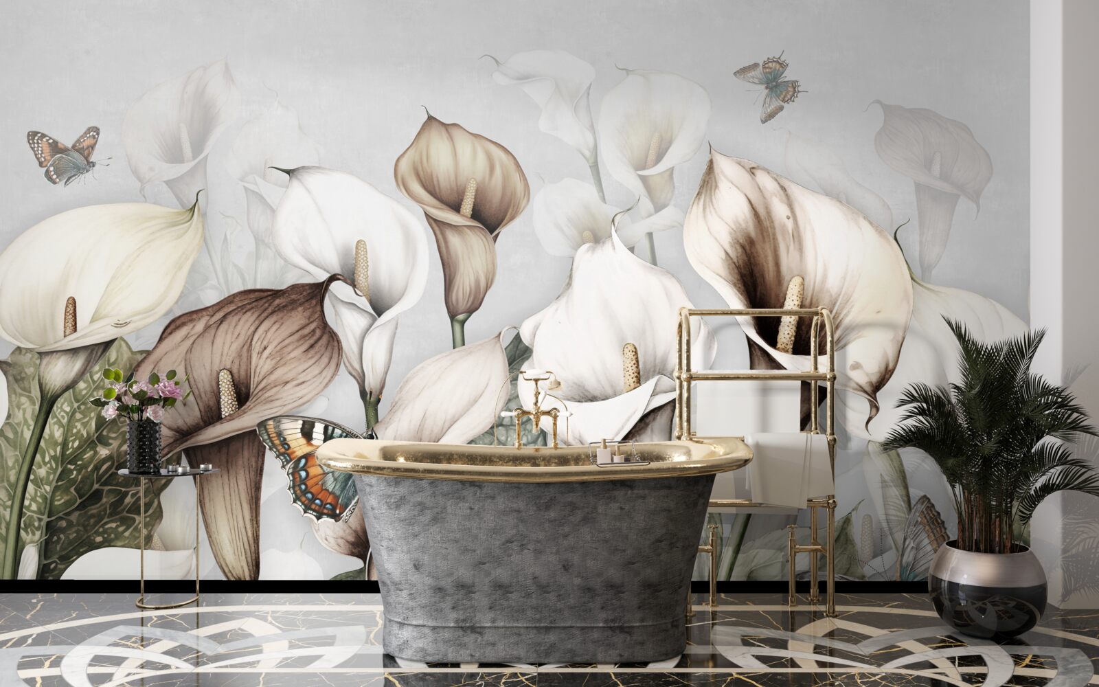 Fototapeta kalie są biało-brązowe z motylami