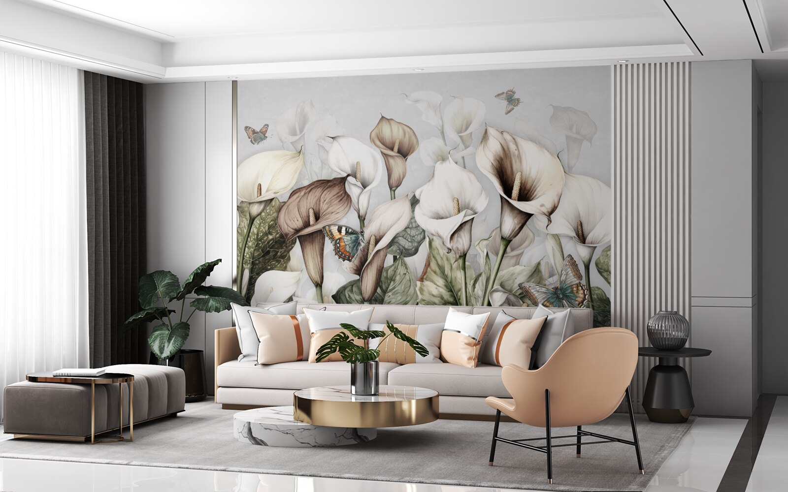 Fototapeta kalie są biało-brązowe z motylami