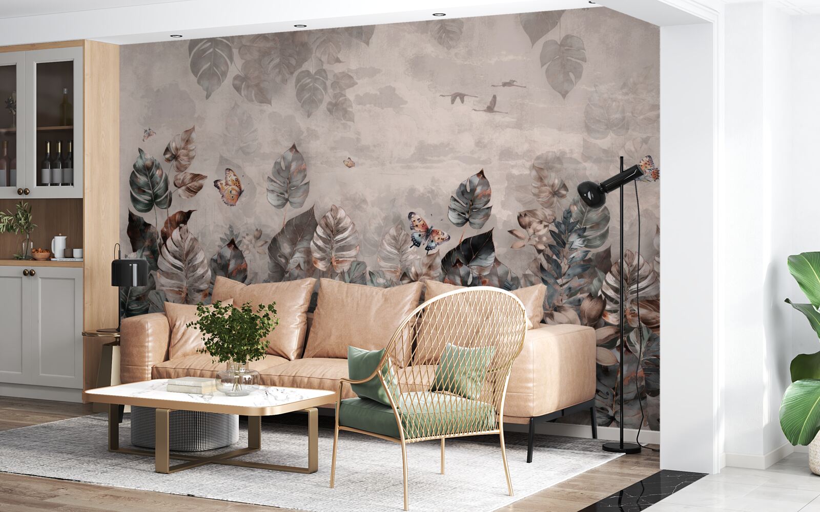 Fototapeta rośliny tropikalne z motylami i ptakami