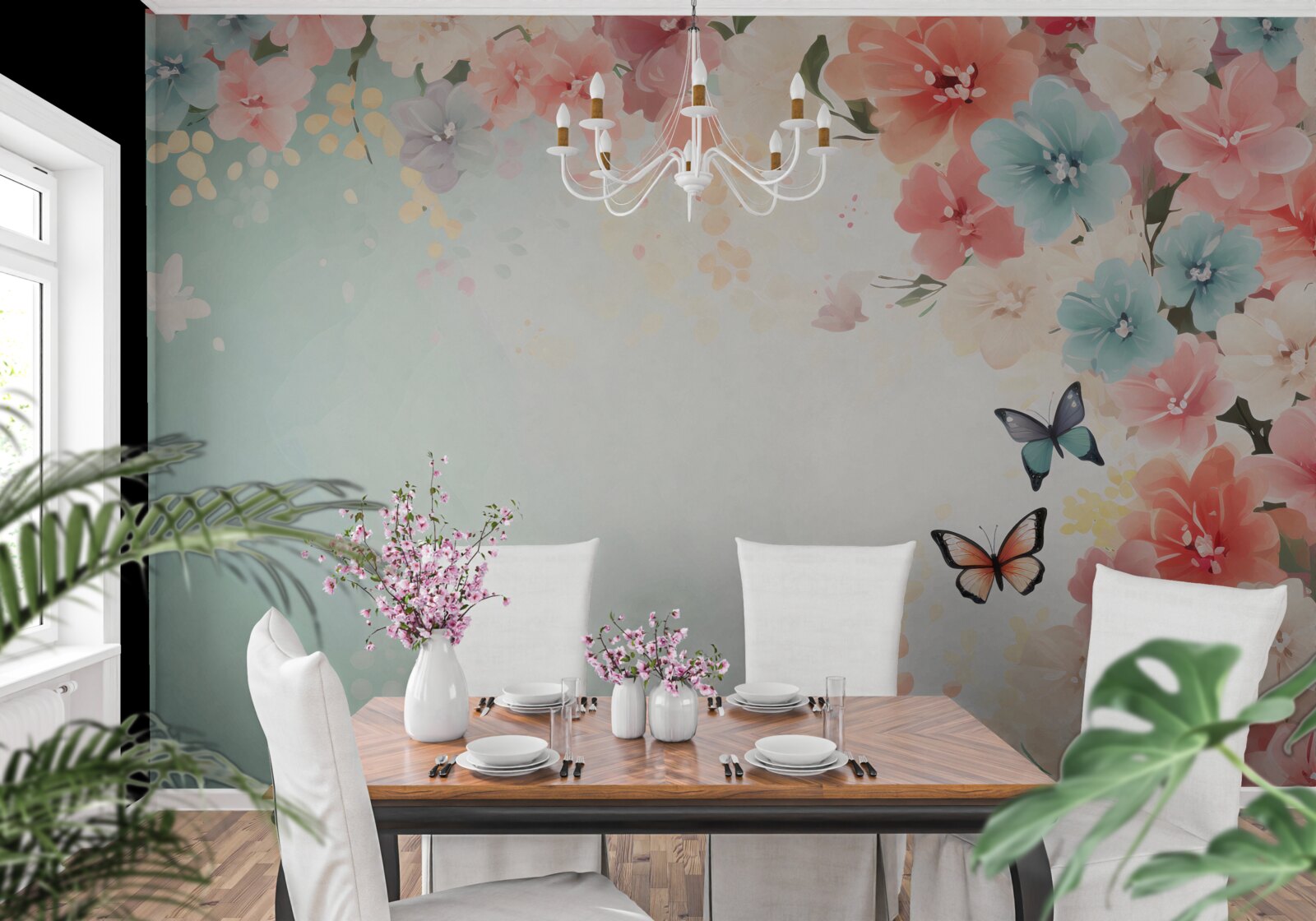 Fototapeta pełen wdzięku kompozycje kwiatowe i ćmy