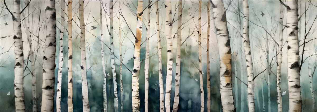 Fototapeta akwarela przedstawiająca smukły gaj brzóz