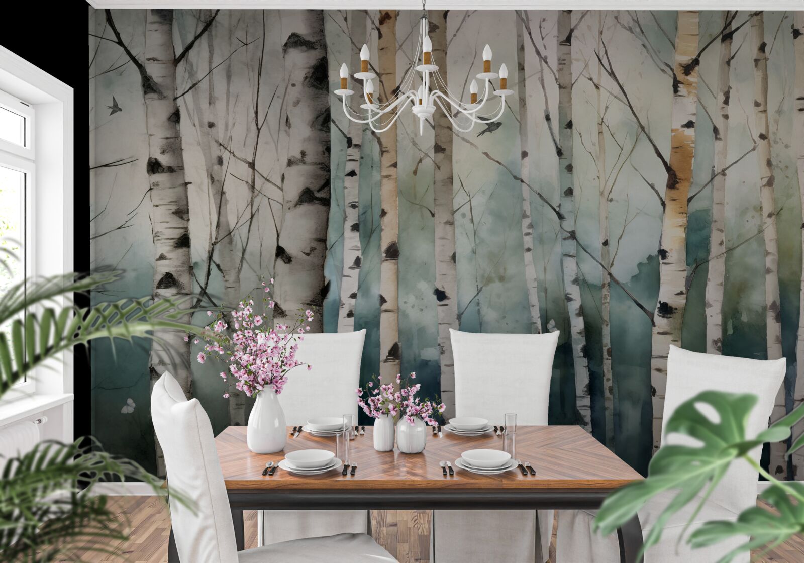 Fototapeta akwarela przedstawiająca smukły gaj brzóz