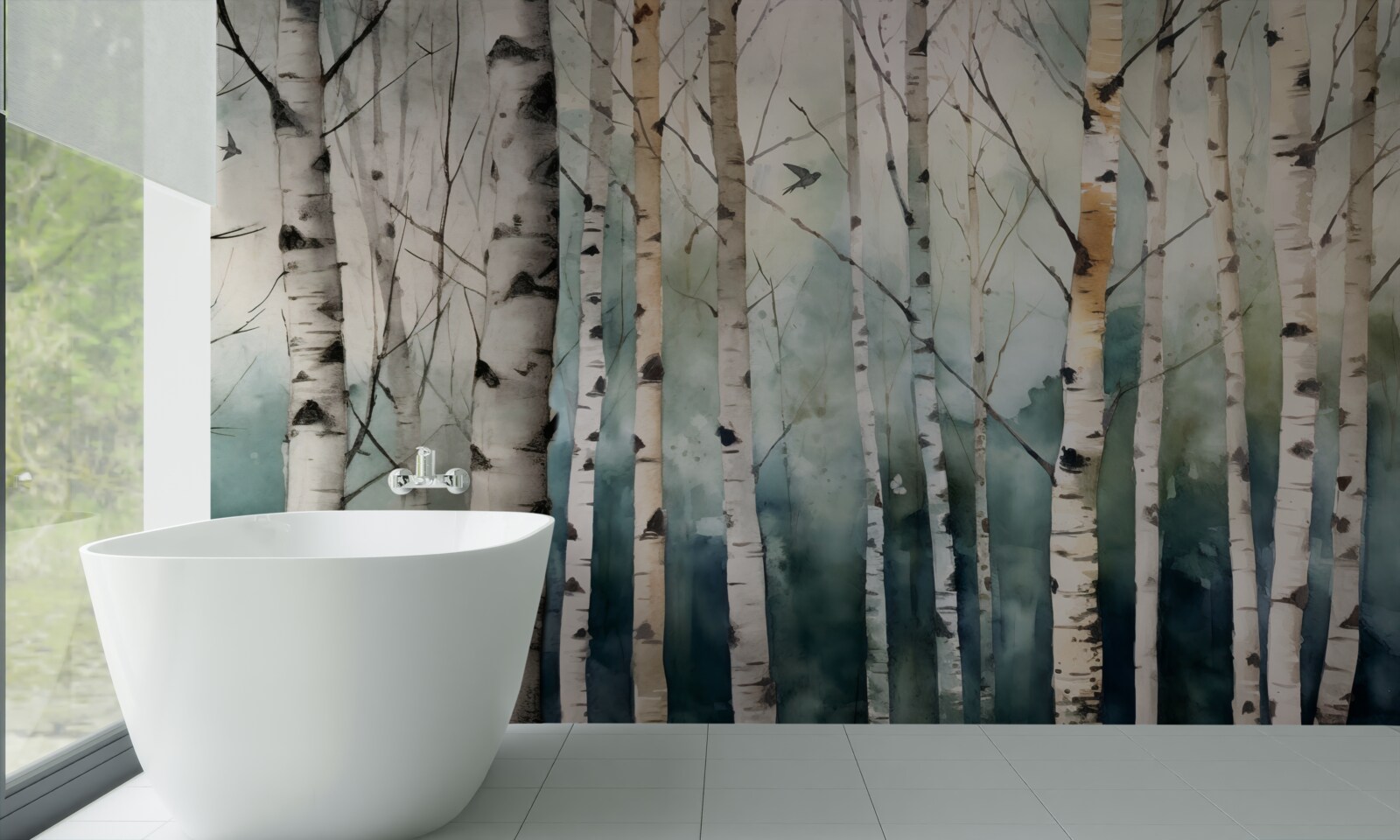 Fototapeta akwarela przedstawiająca smukły gaj brzóz