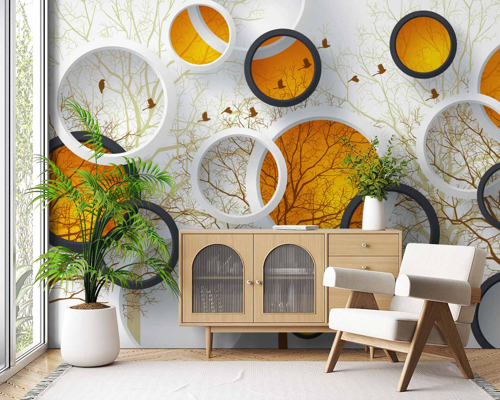 Fototapeta drzewa jesienią i śnieżnobiałe kręgi z bursztynem