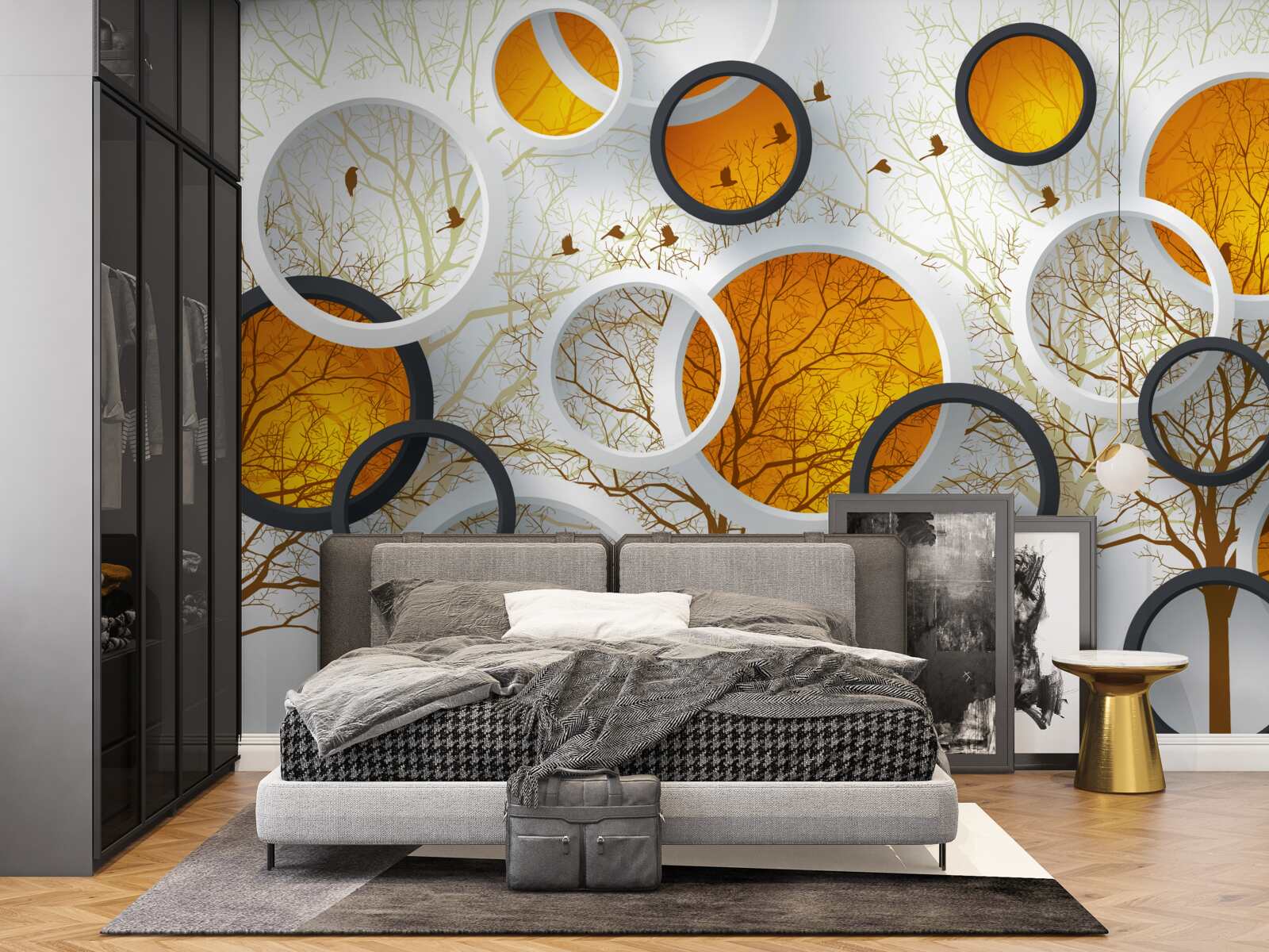 Fototapeta drzewa jesienią i śnieżnobiałe kręgi z bursztynem